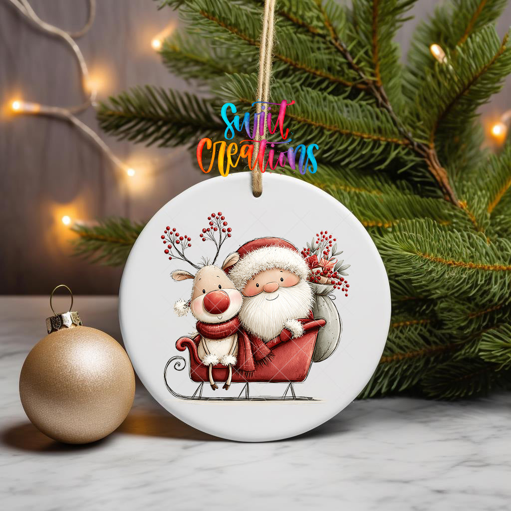 Santa and reindeer sleigh ornament UV DTF transfer with gifts and red berries, mockup view 3