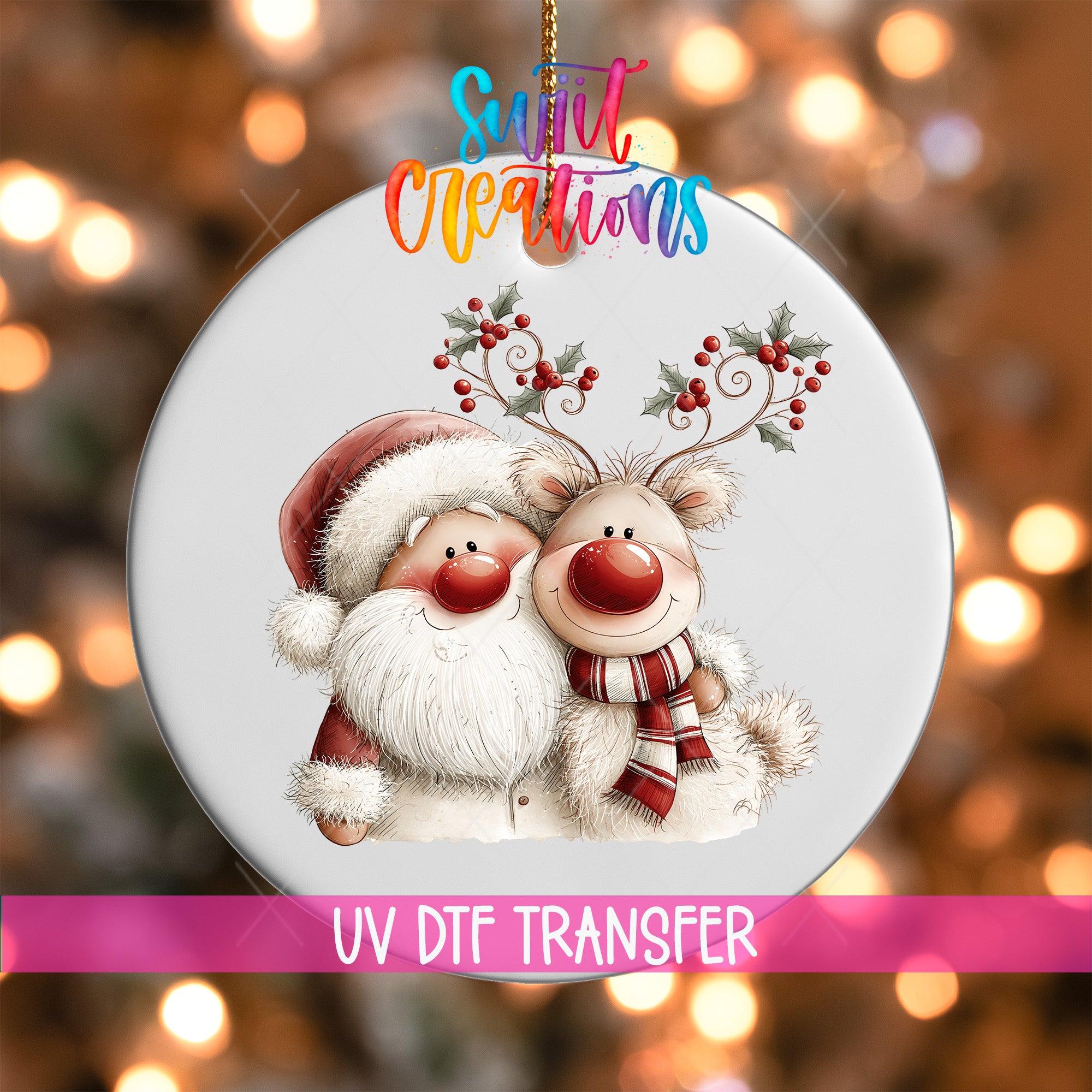 Santa and reindeer ornament UV DTF transfer with holly berry antlers and striped scarf, mockup view 1