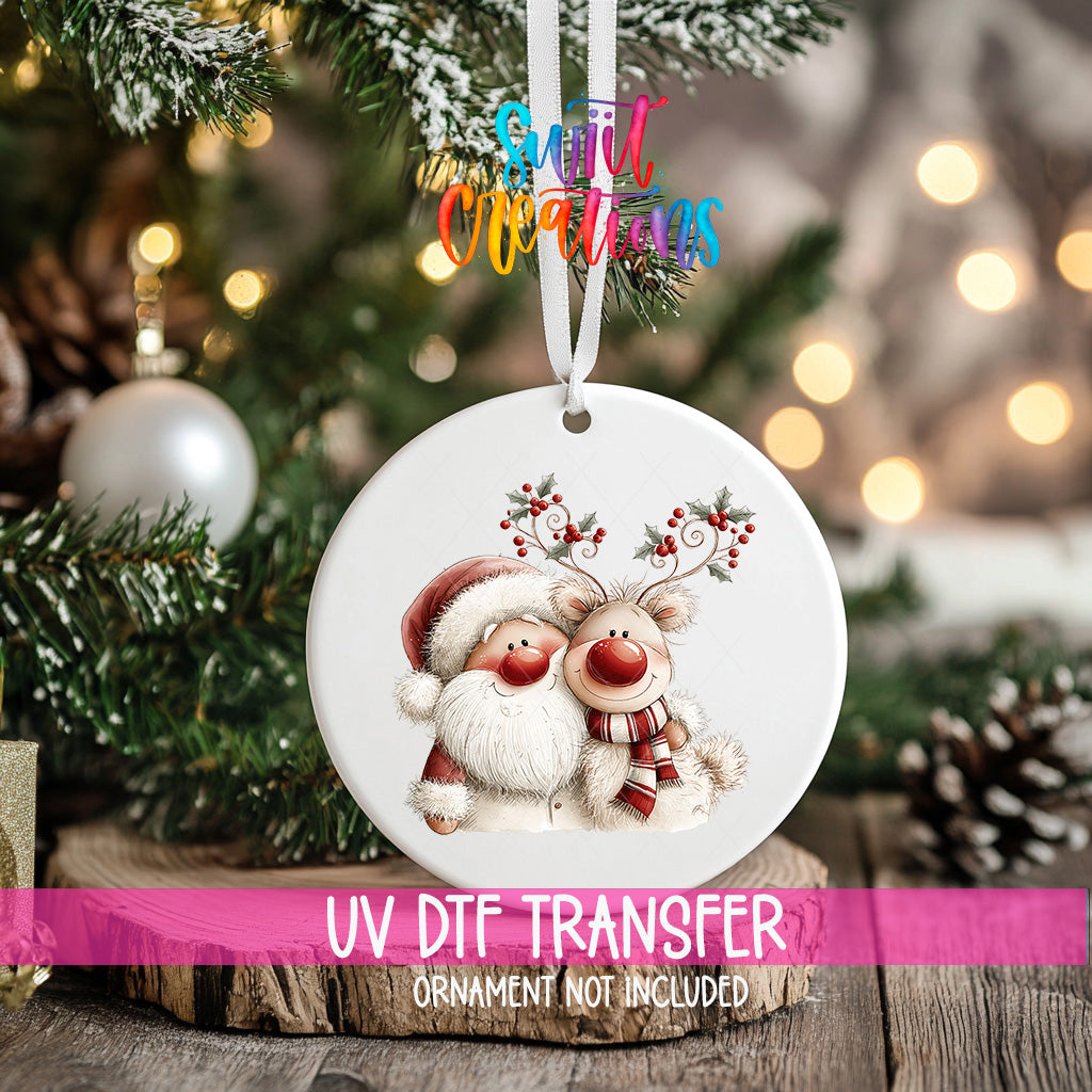 Santa and reindeer ornament UV DTF transfer with holly berry antlers and striped scarf, mockup view 2