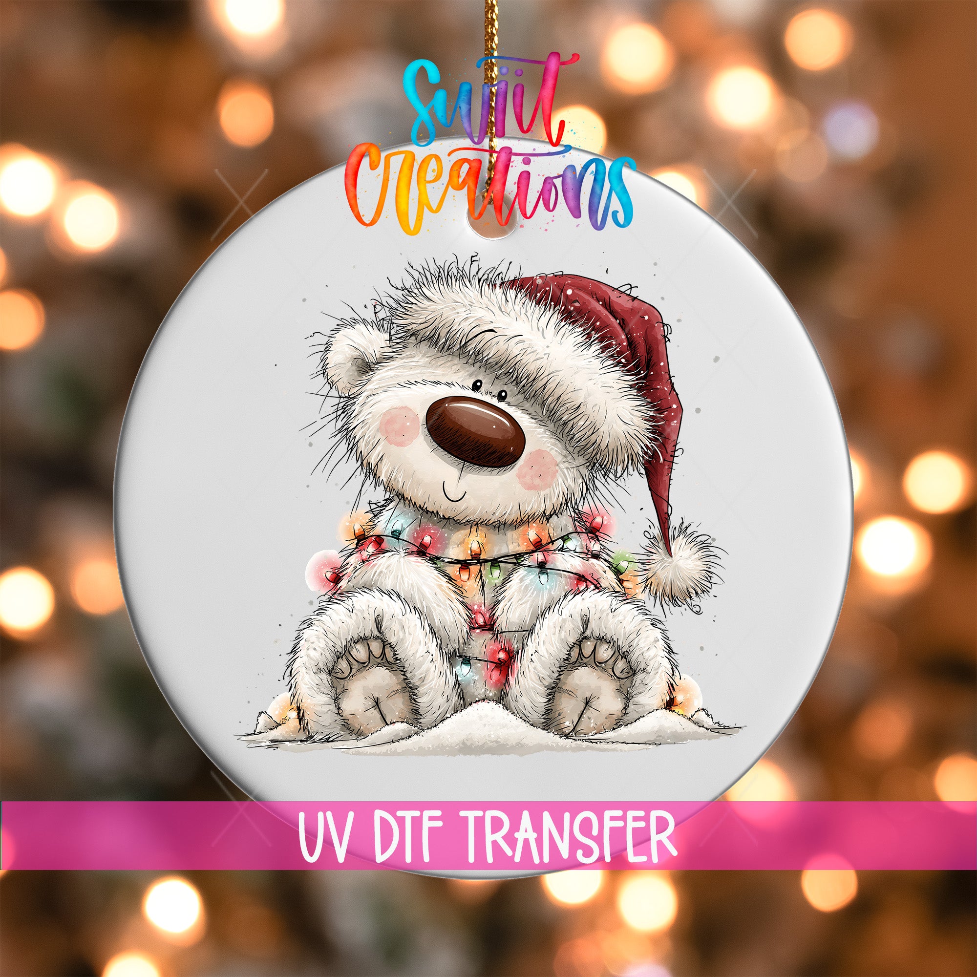 White Christmas bear ornament UV DTF transfer sledding in red plaid scarf and knit hat, mockup view 1