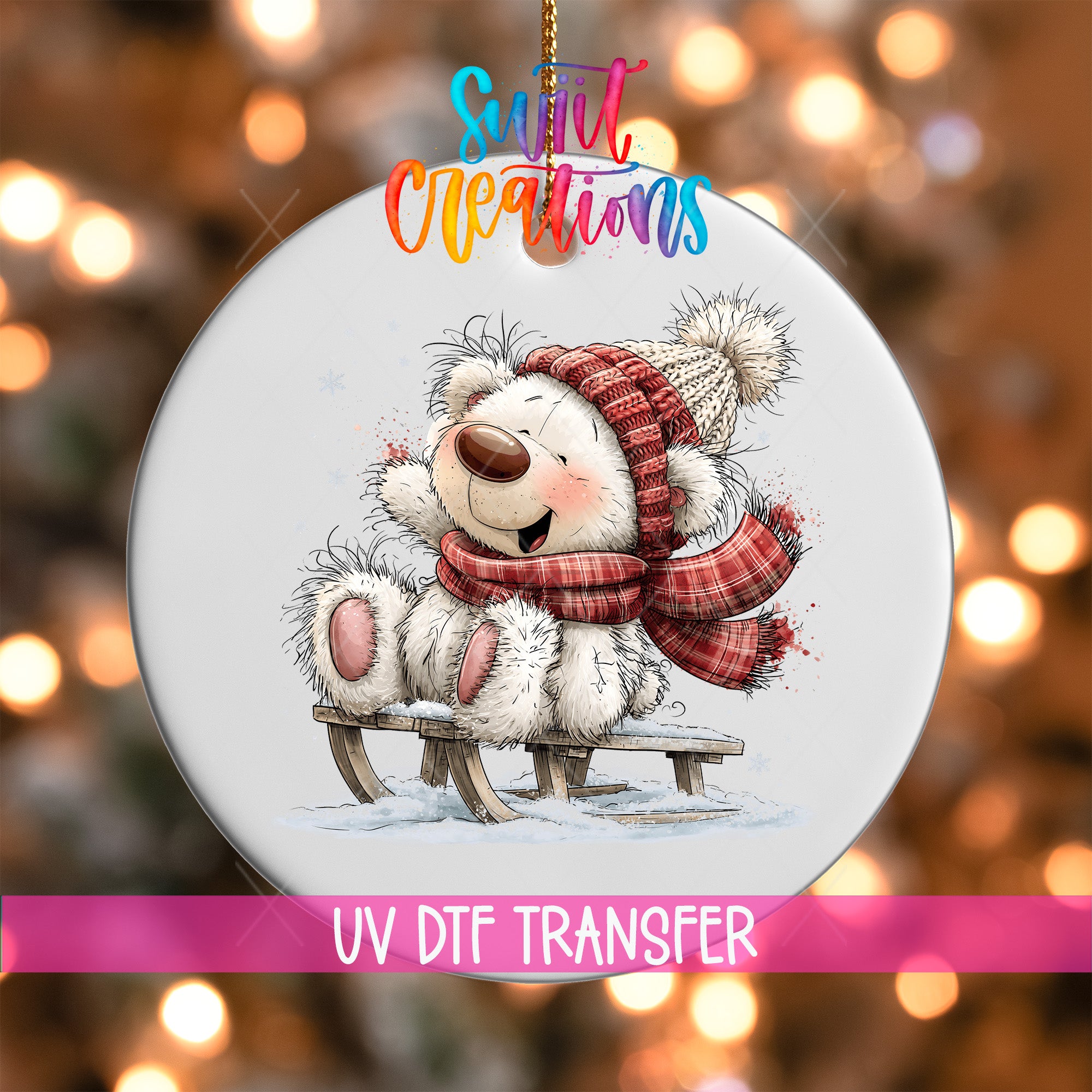 White Christmas bear ornament UV DTF transfer beside decorated tree and wrapped gifts, mockup view 1