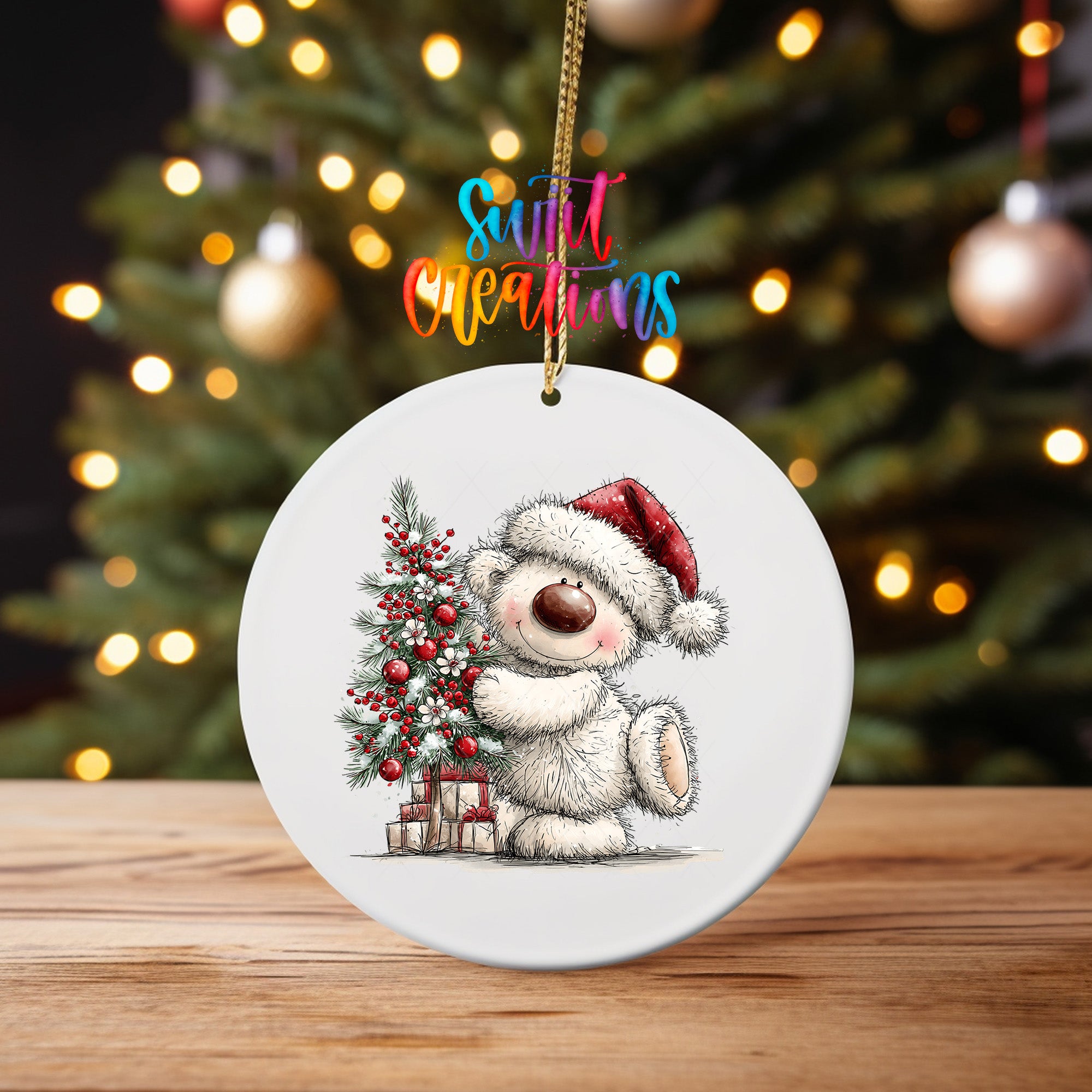 White Christmas bear ornament UV DTF transfer hugging a red berry decorated tree, mockup view 4