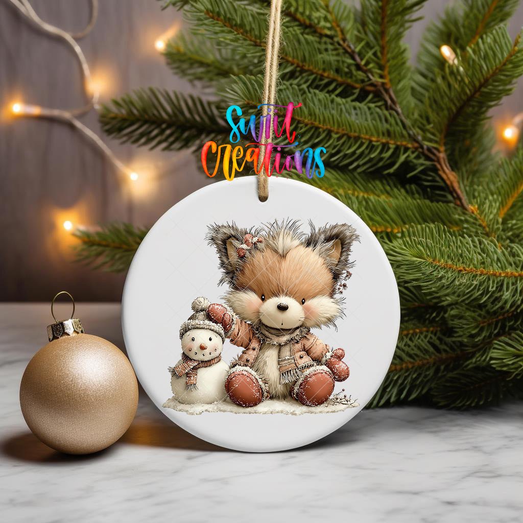 Winter fox and snowman ornament UV DTF transfer in blush pink snowy clothing, mockup view 3