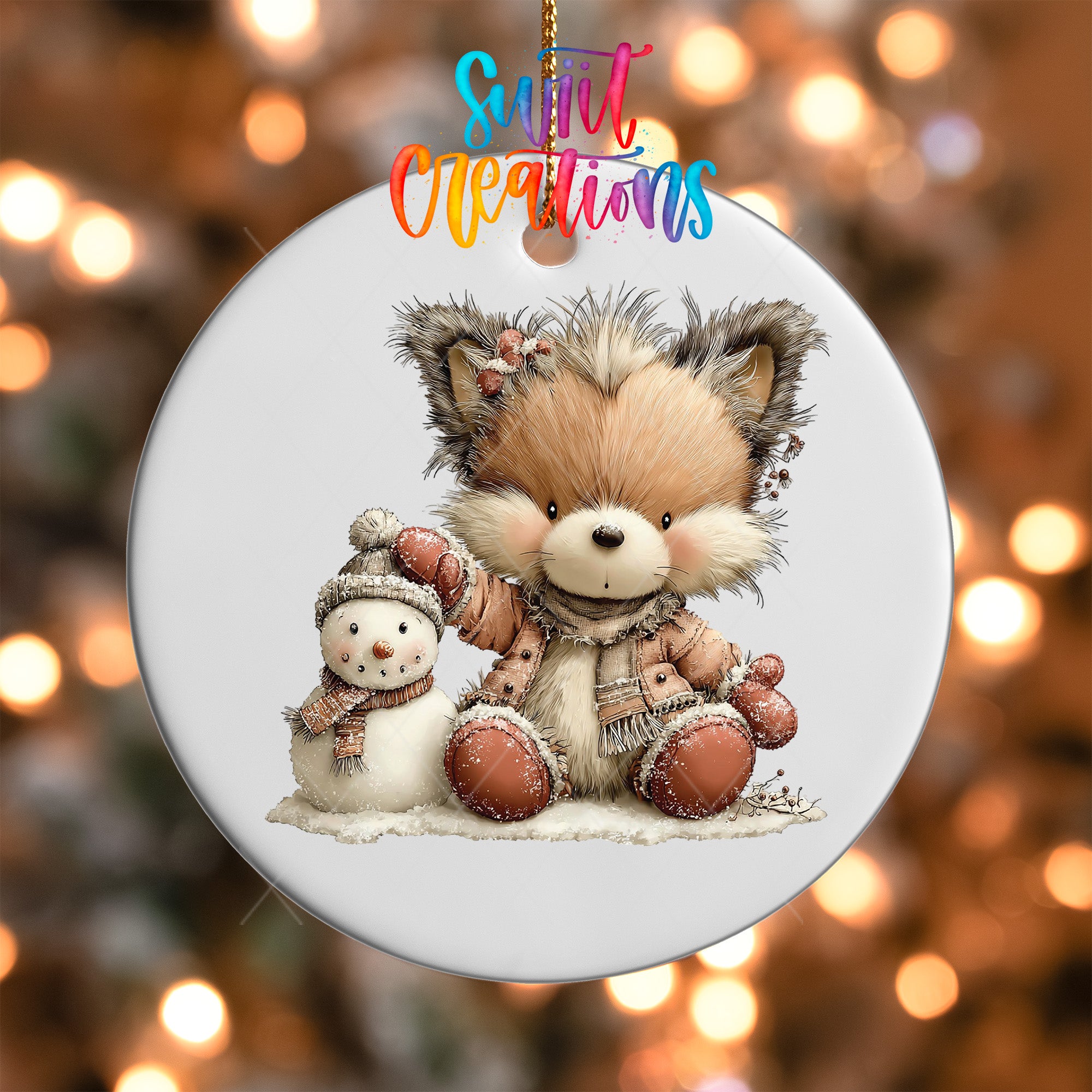 Winter fox and snowman ornament UV DTF transfer in blush pink snowy clothing, mockup view 5
