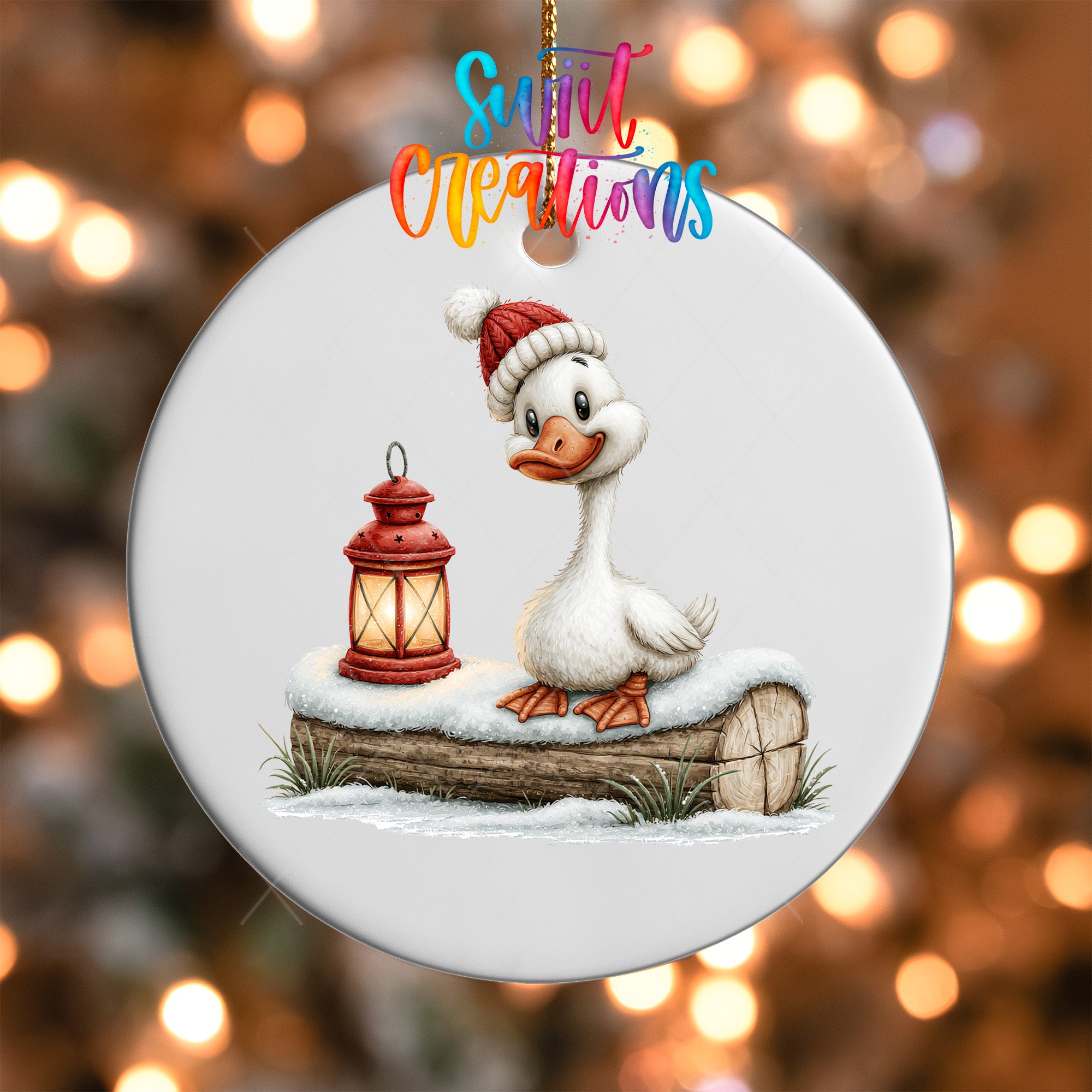 Christmas goose ornament UV DTF transfer in knit hat beside glowing red lantern, mockup view 5