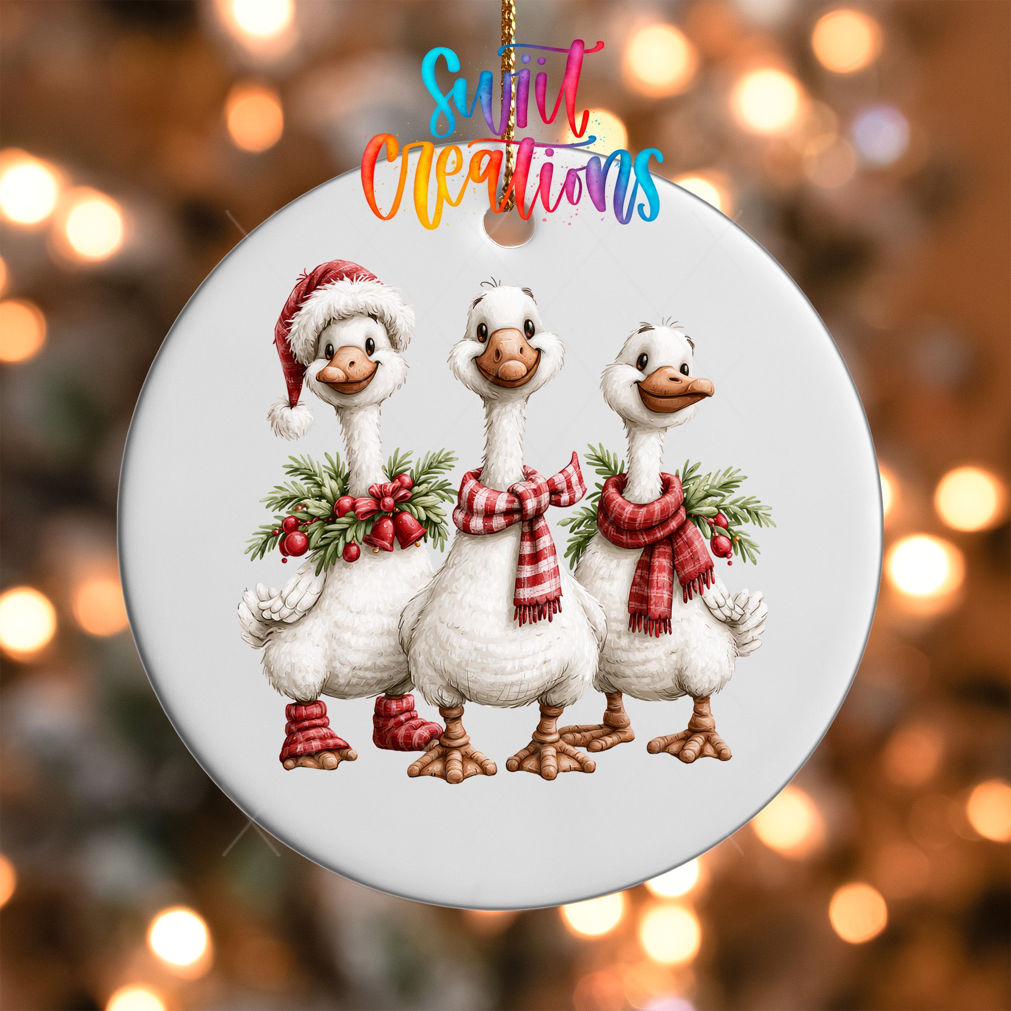 Three Christmas geese ornament UV DTF transfer with red plaid scarves, greenery, and berries, mockup view 5