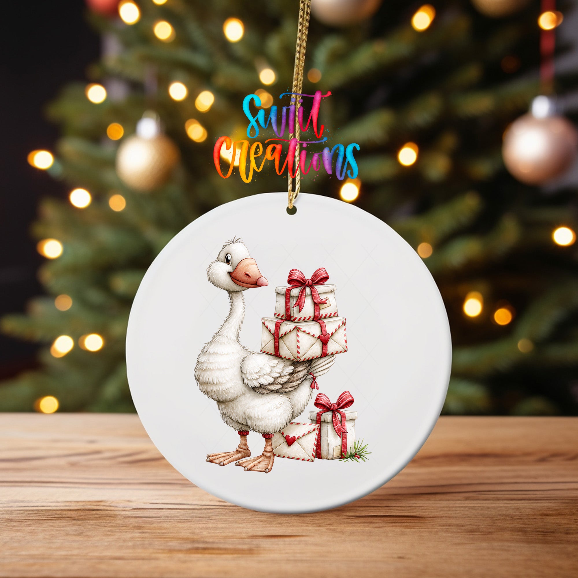 Christmas goose ornament UV DTF transfer carrying cream gifts tied with red bows, mockup view 4