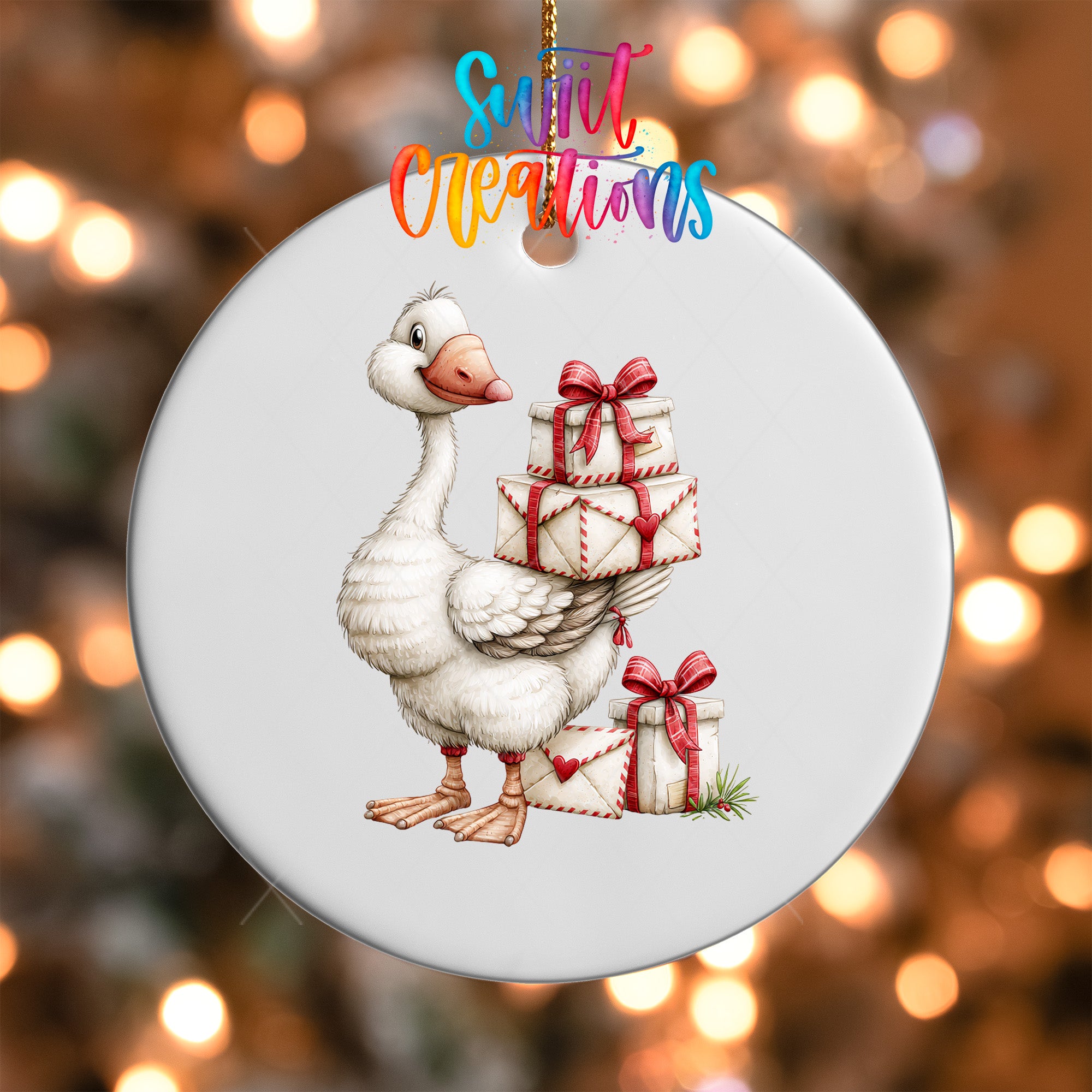 Christmas goose ornament UV DTF transfer carrying cream gifts tied with red bows, mockup view 5