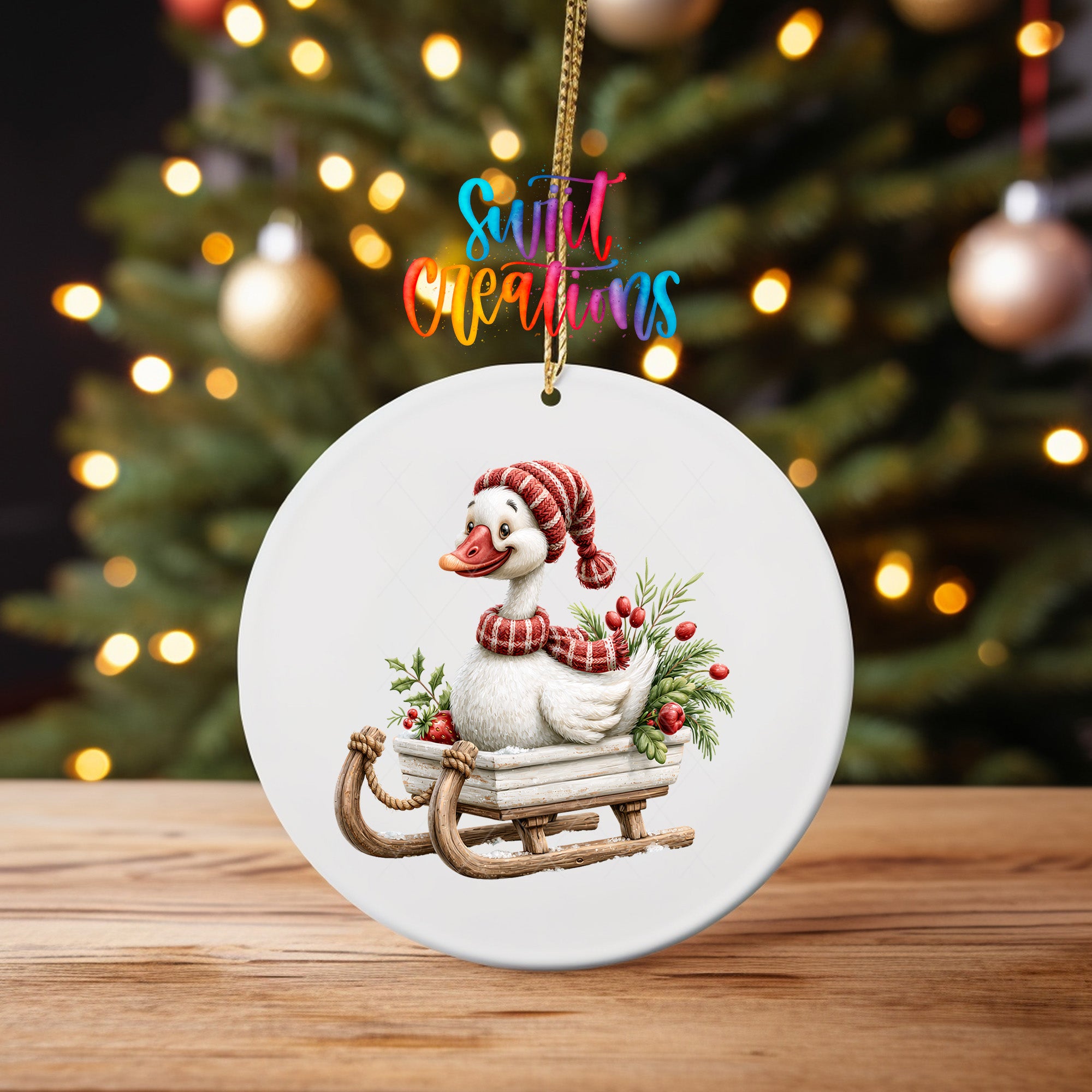 Christmas goose ornament UV DTF transfer riding wooden sleigh with greenery and red berries, mockup view 4