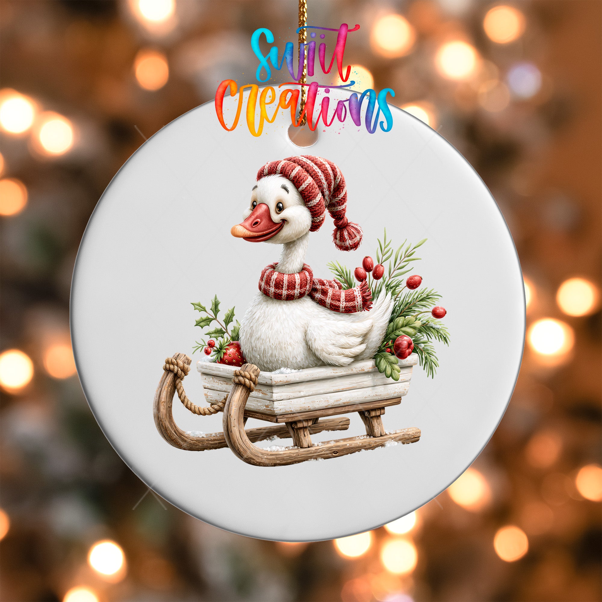Christmas goose ornament UV DTF transfer riding wooden sleigh with greenery and red berries, mockup view 5
