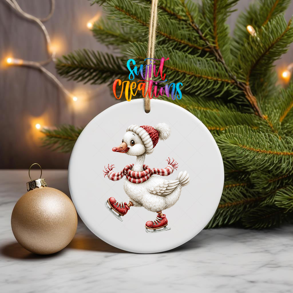 Christmas goose ornament UV DTF transfer ice skating in red skates, scarf, and knit hat, mockup view 3