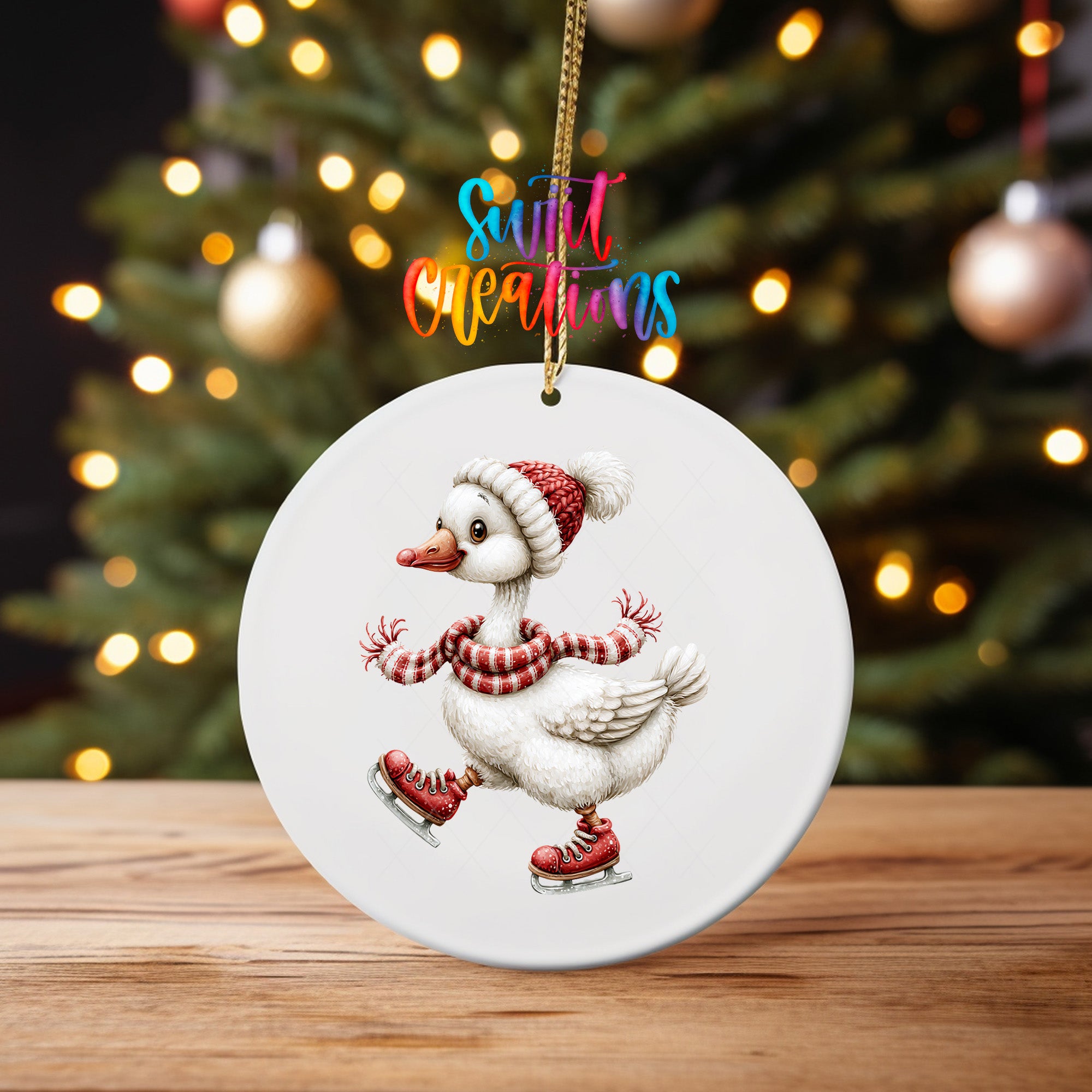 Christmas goose ornament UV DTF transfer ice skating in red skates, scarf, and knit hat, mockup view 4