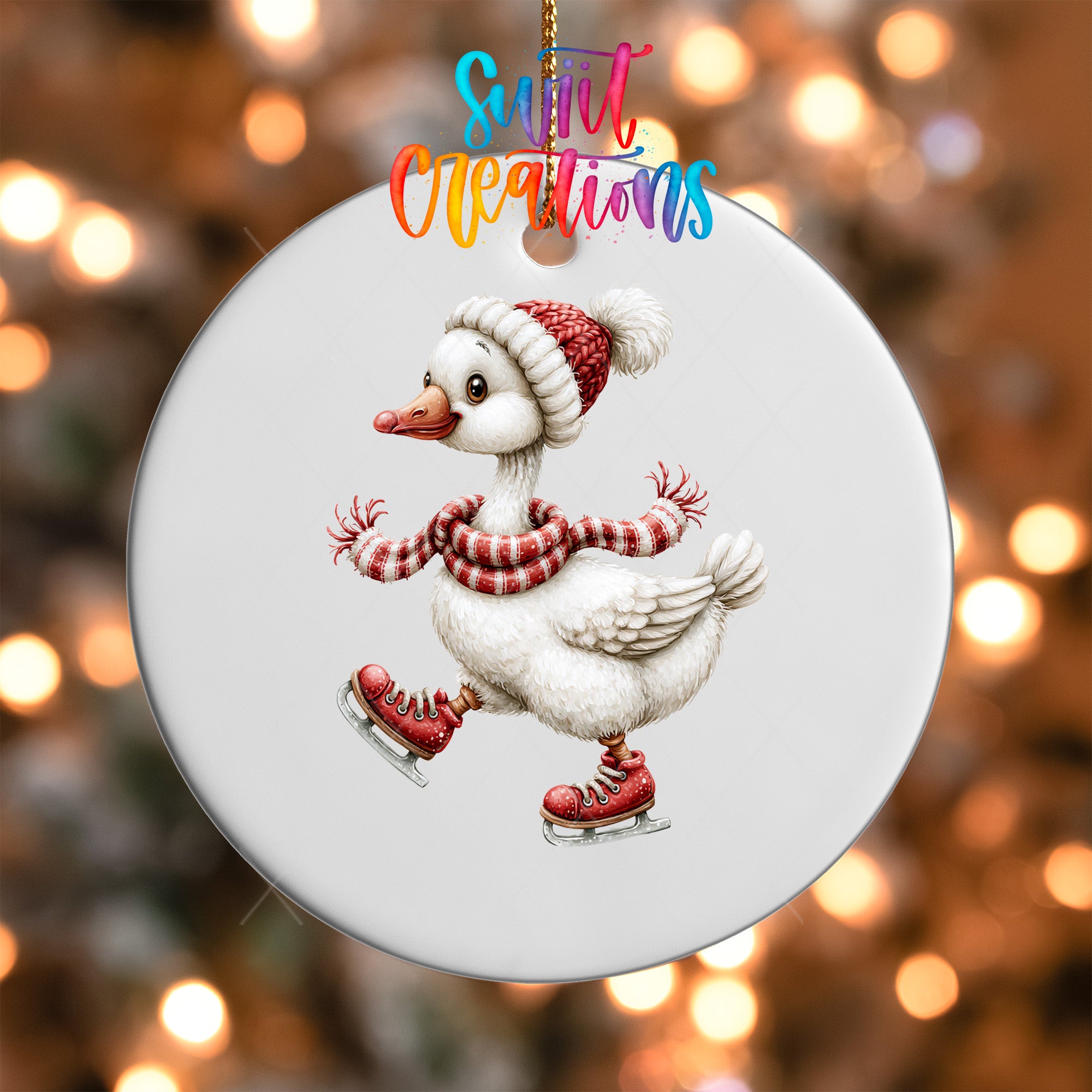 Christmas goose ornament UV DTF transfer ice skating in red skates, scarf, and knit hat, mockup view 5