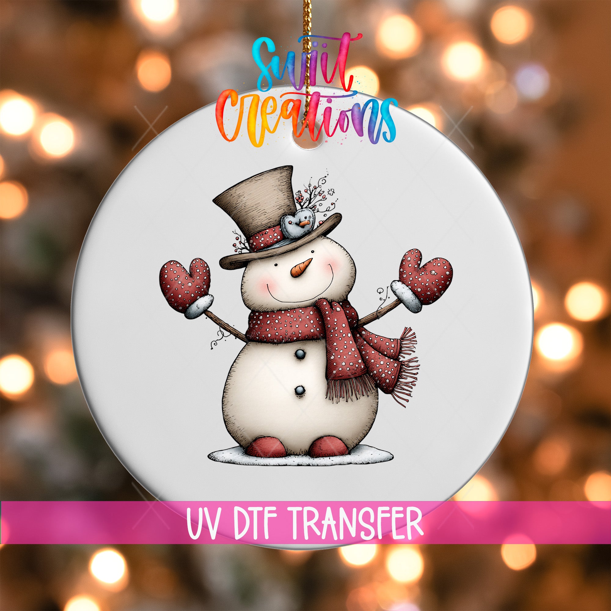 Whimsical snowman ornament UV DTF transfer with tall top hat, red scarf, and dotted mittens, mockup view 1