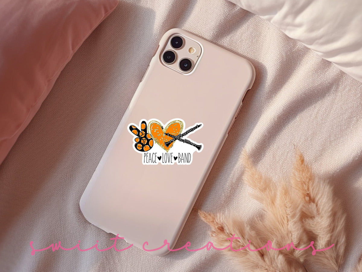 Peace Love Band Clarinet sticker on a pink phone case