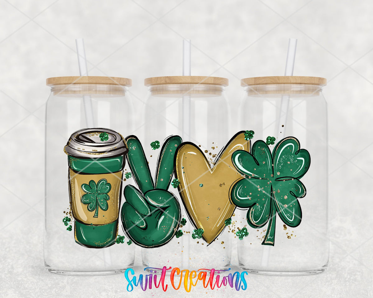 Peace Love Coffee UV DTF wrap on three glass cans