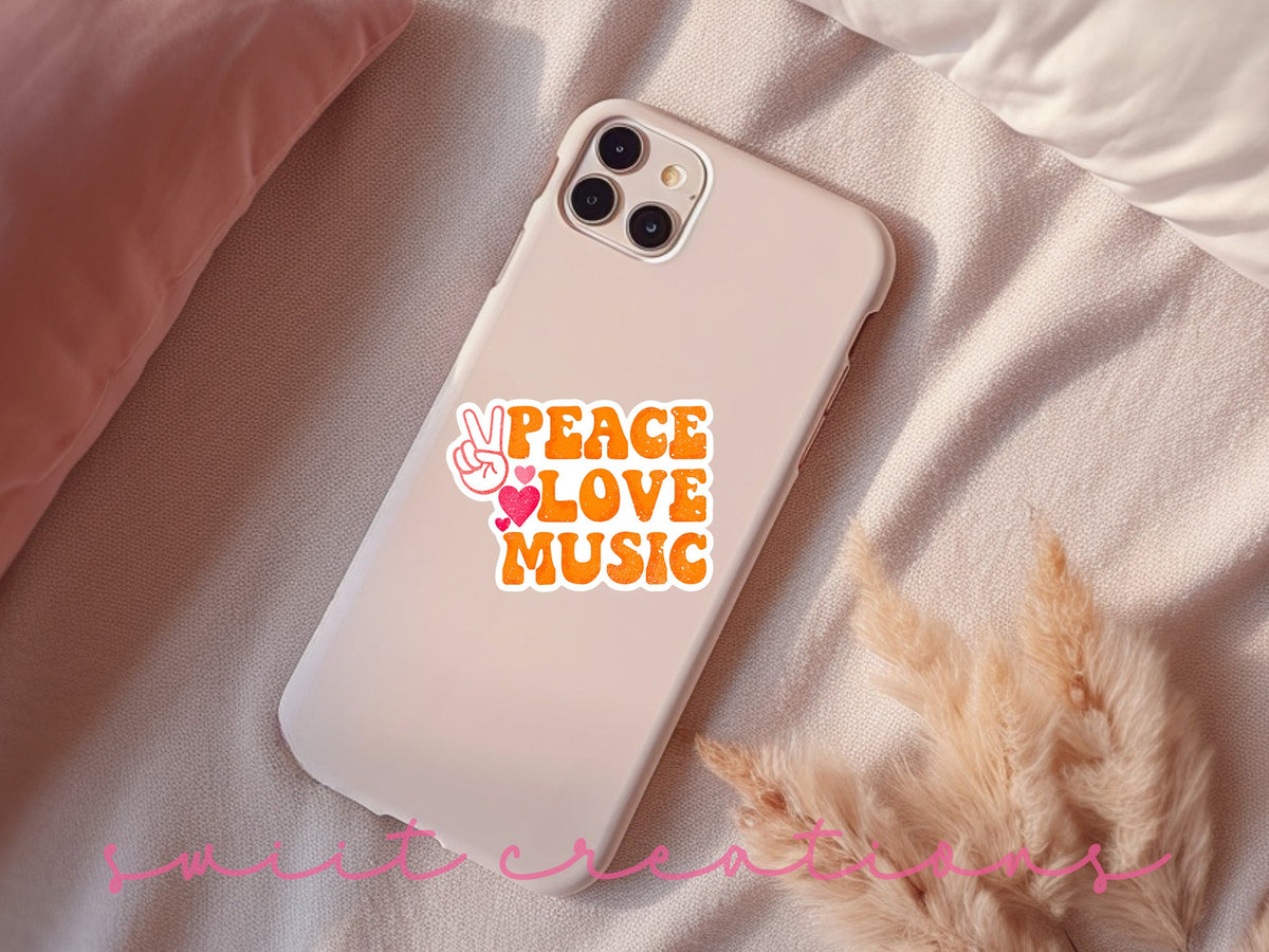 Peace Love Music sticker on a pink phone case