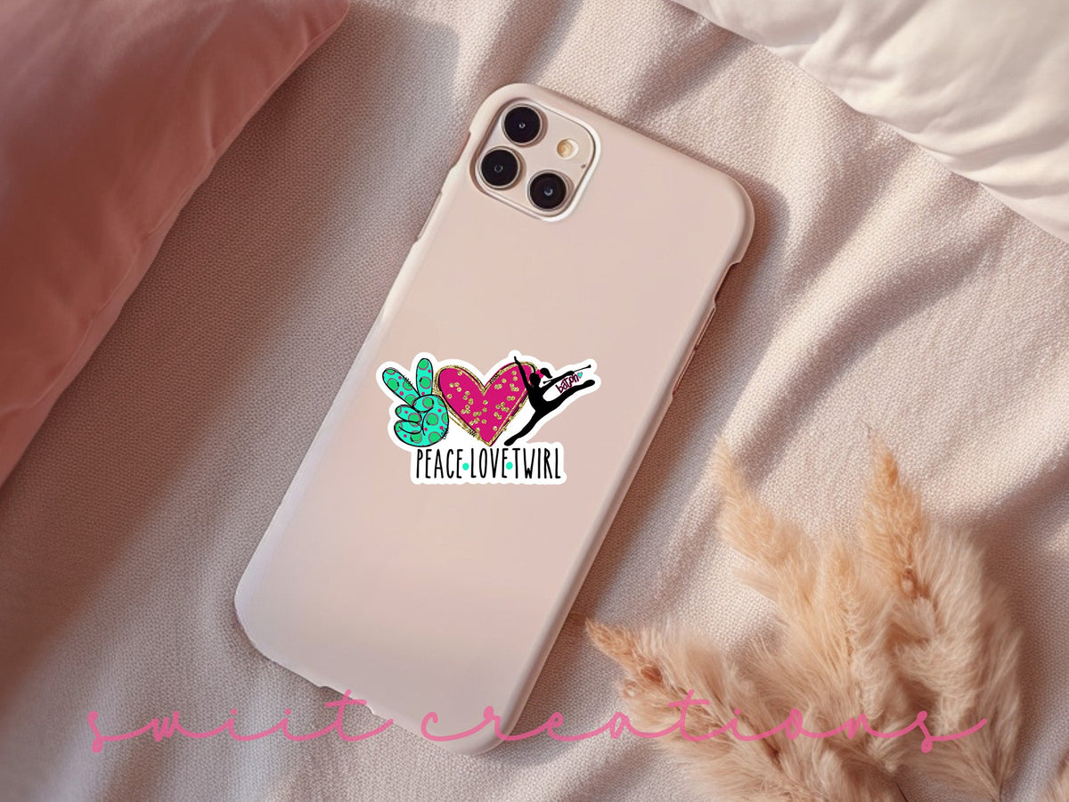 Peace Love Twirl sticker on a pink phone case