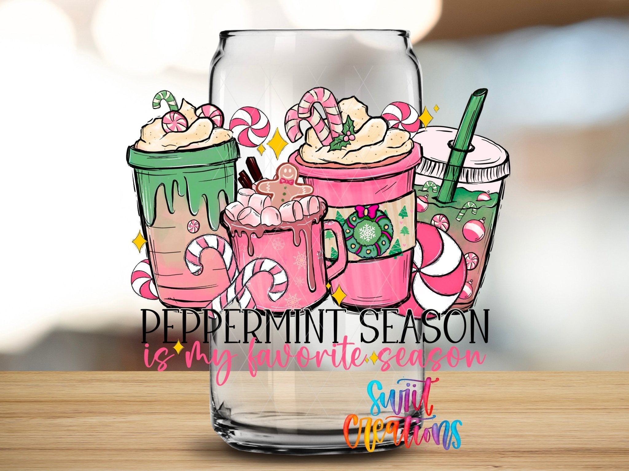 Peppermint Season Christmas Coffee UV DTF transfer applied to a clear glass can from Swiit Creations