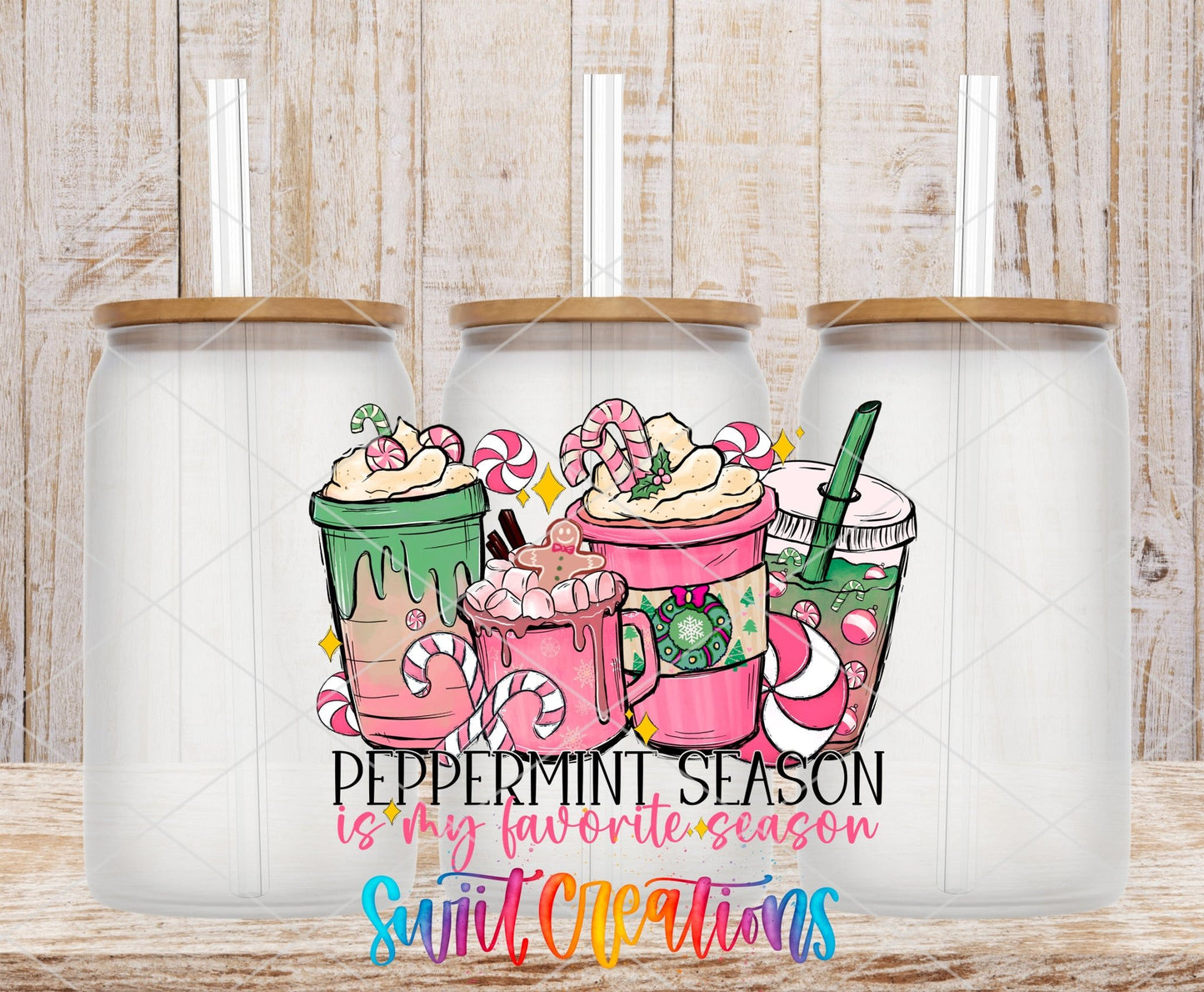 Peppermint Season Christmas Coffee UV DTF transfer applied to a clear glass can set from Swiit Creations
