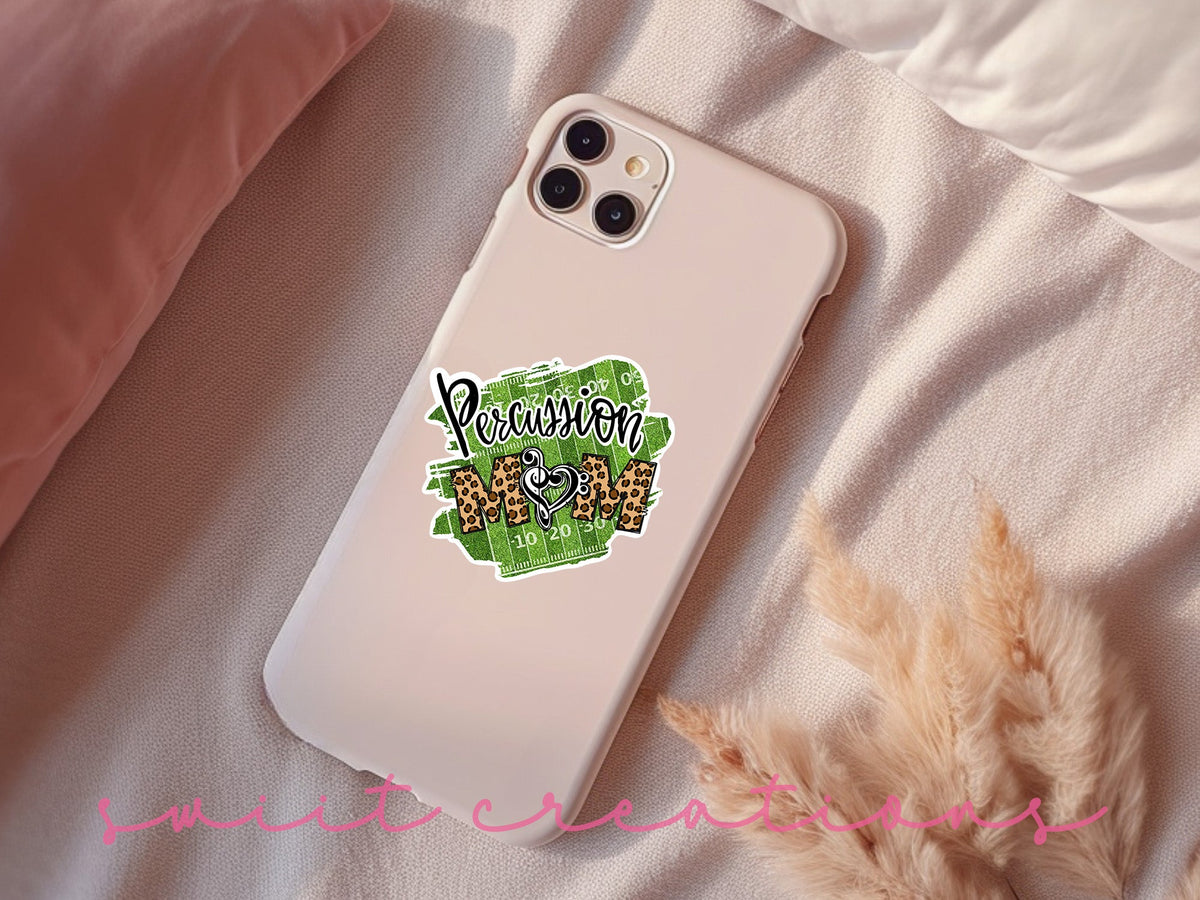 Percussion Mom sticker on a pink phone case