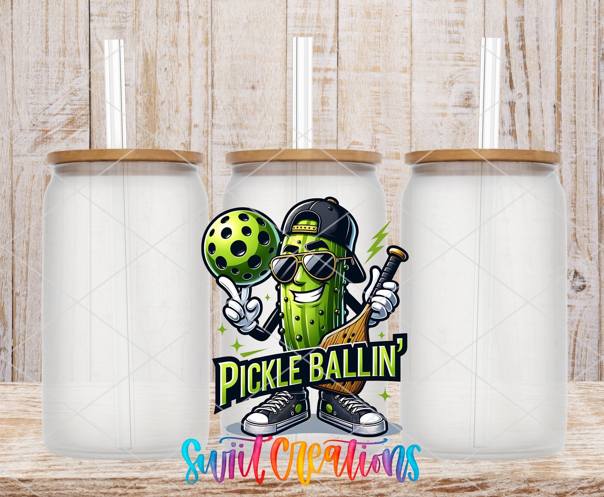 Pickle Ballin Funny Pickleball UV DTF transfer applied to a clear glass can set from Swiit Creations