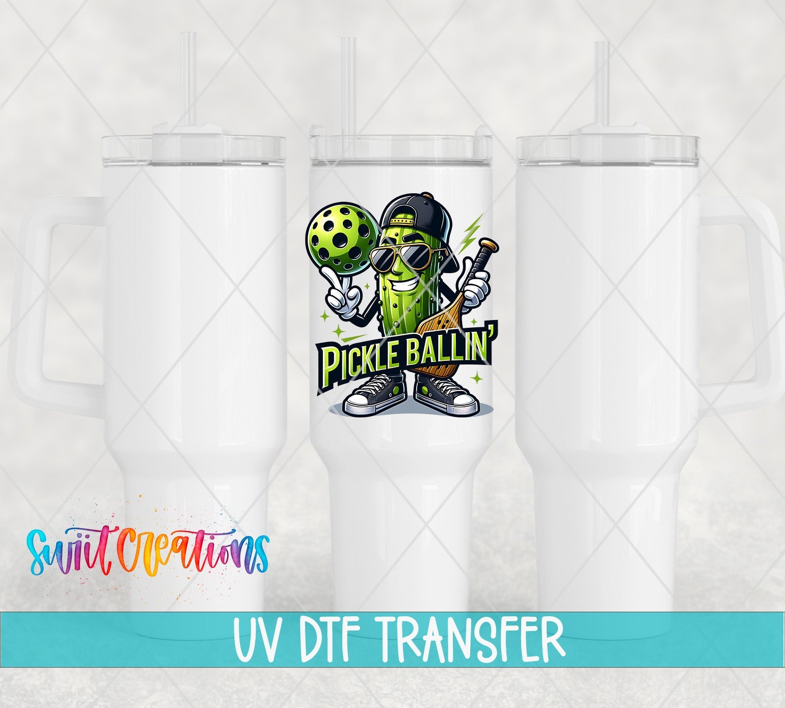 Pickle Ballin Funny Pickleball UV DTF transfer applied to a white tumbler set from Swiit Creations
