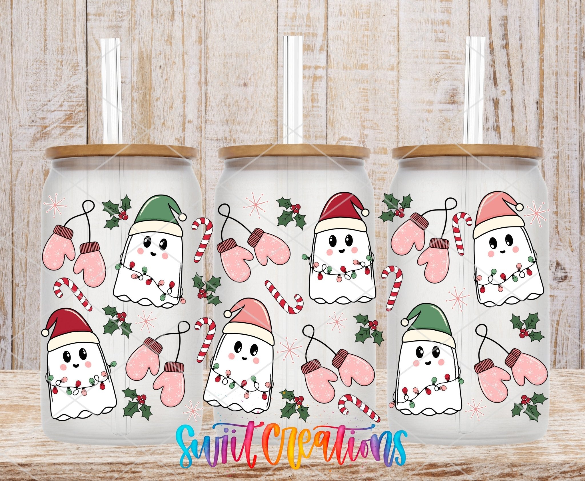 Pink Christmas Ghosts Candy Cane UV DTF Transfer Tumbler Wrap | DTF118 - Swiit Creations