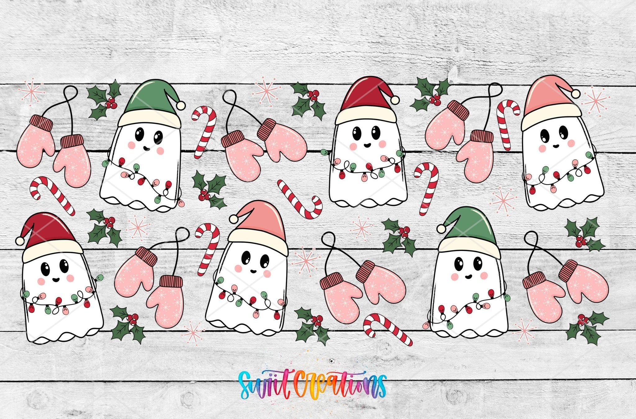 Pink Christmas Ghosts Candy Cane UV DTF Transfer Tumbler Wrap | DTF118 - Swiit Creations