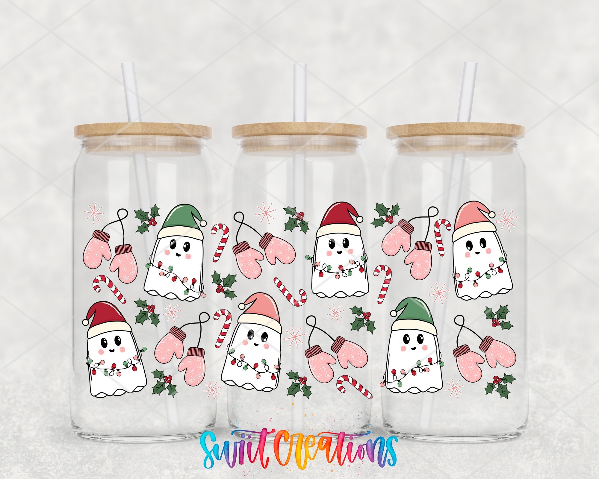 Pink Christmas Ghosts Candy Cane UV DTF Transfer Tumbler Wrap | DTF118 - Swiit Creations