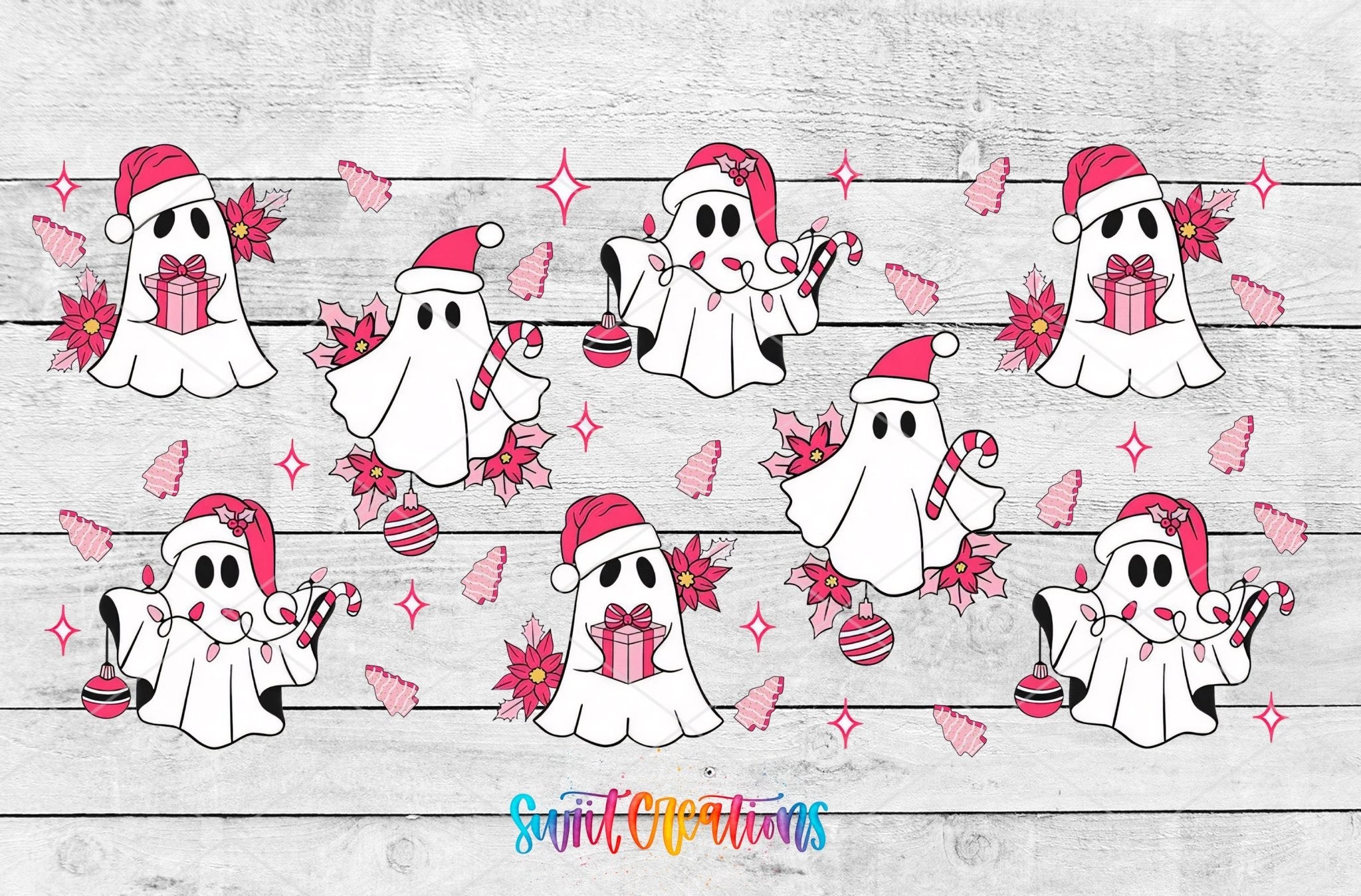 Pink Christmas Ghosts UV DTF Transfer Tumbler Wrap | DTF093 - Swiit Creations
