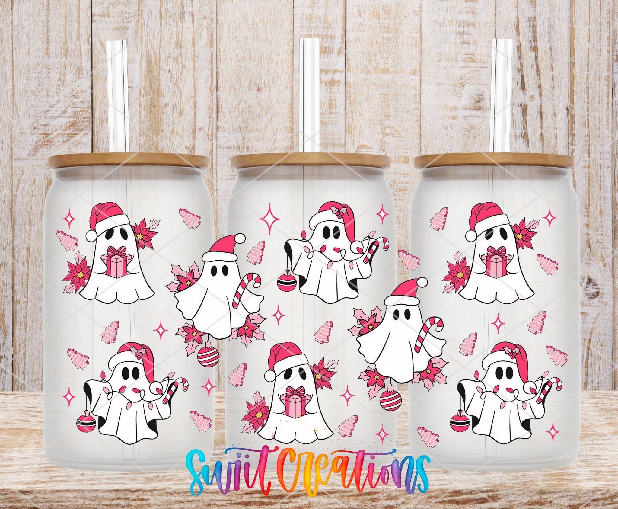 Pink Christmas Ghosts UV DTF Transfer Tumbler Wrap | DTF093 - Swiit Creations