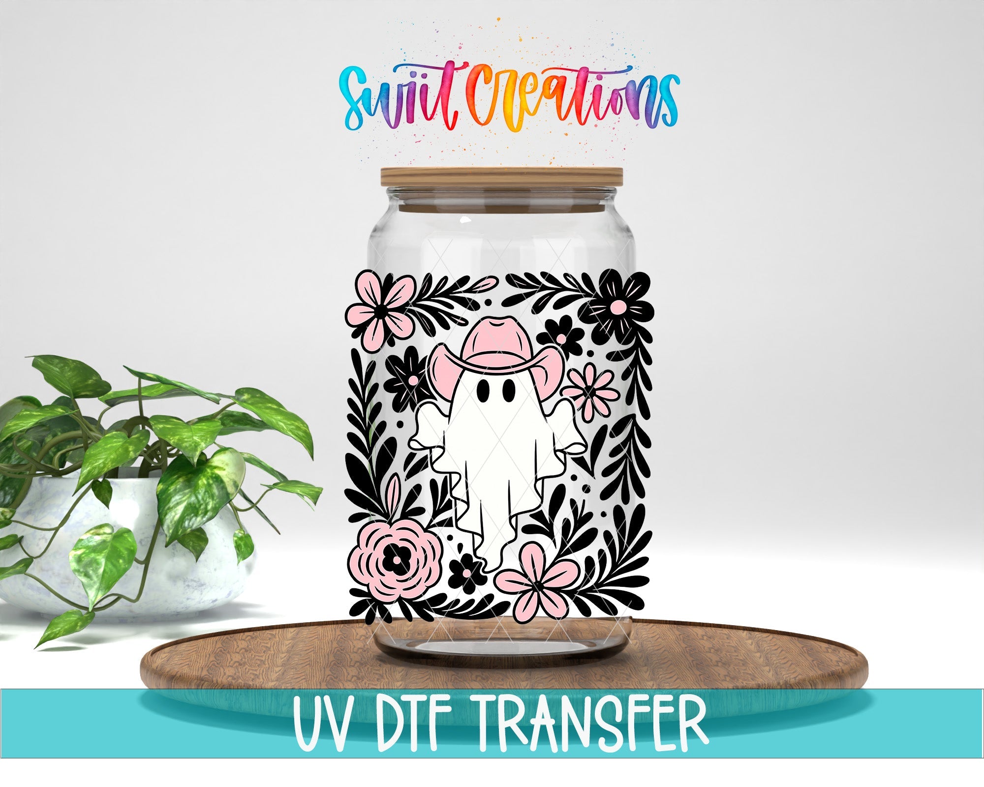 Pink Cowboy Ghost Floral UV DTF Cup Decal | UV1536 - Swiit Creations
