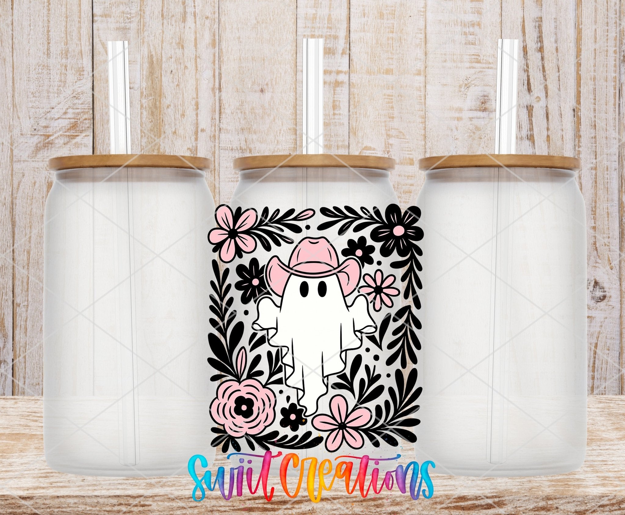 Pink Cowboy Ghost Floral UV DTF Cup Decal | UV1536 - Swiit Creations