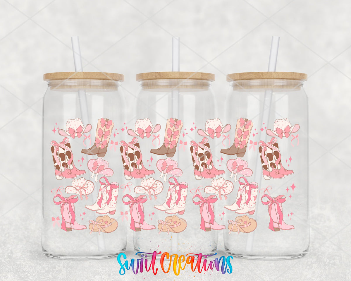 Pink Cowgirl Coquette UV DTF full wrap on three glass cans