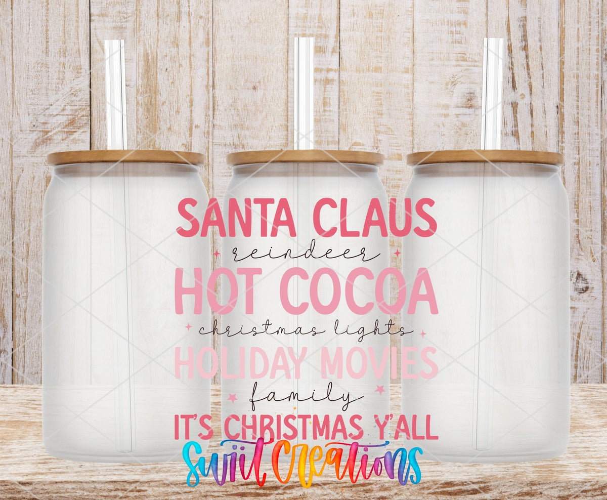 Pink Christmas Traditions UV DTF transfer on frosted glass cans with bamboo lids