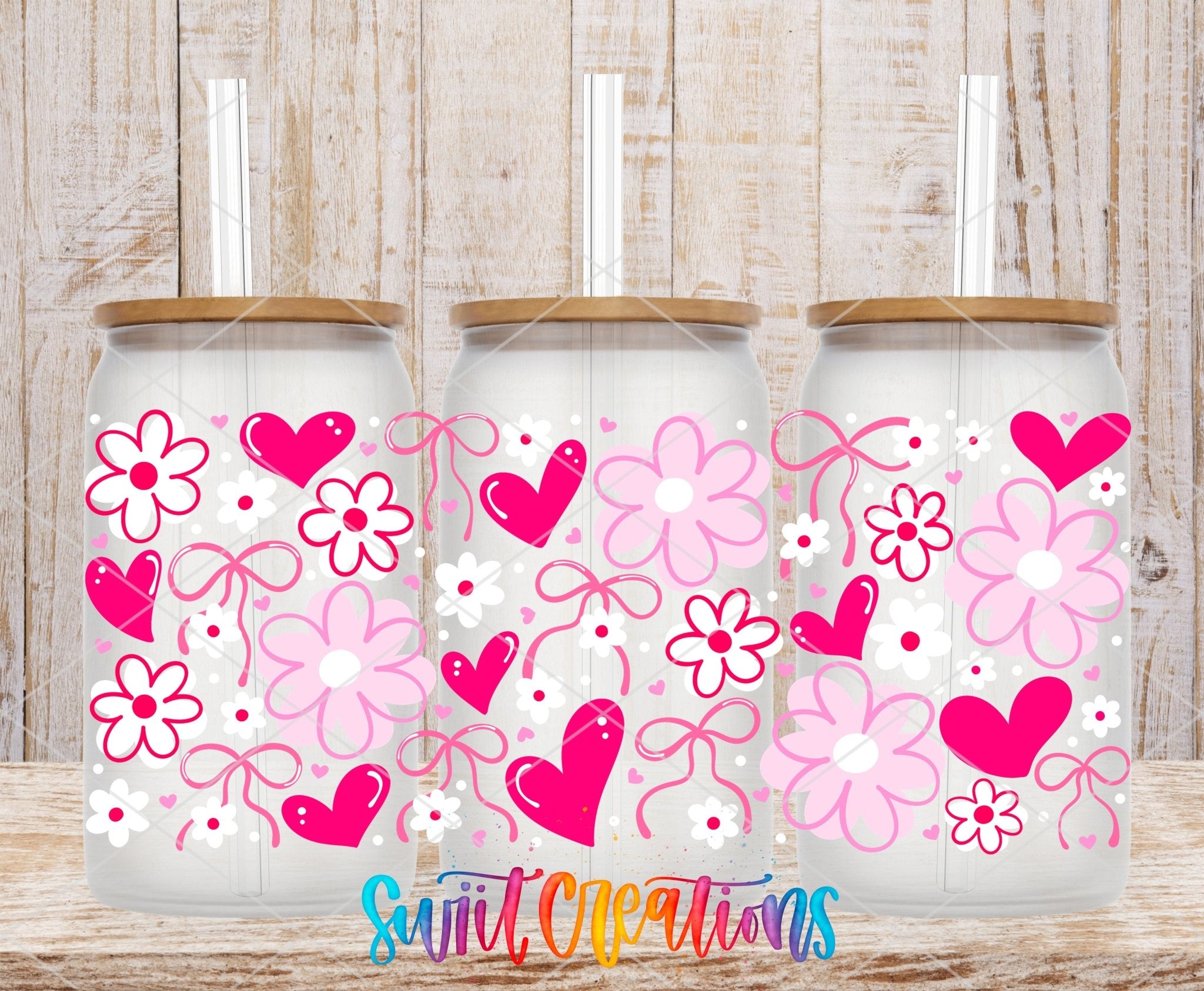 Pink Valentine Floral Hearts and Bows UV DTF Transfer Tumbler Wrap | DTF324 - Swiit Creations