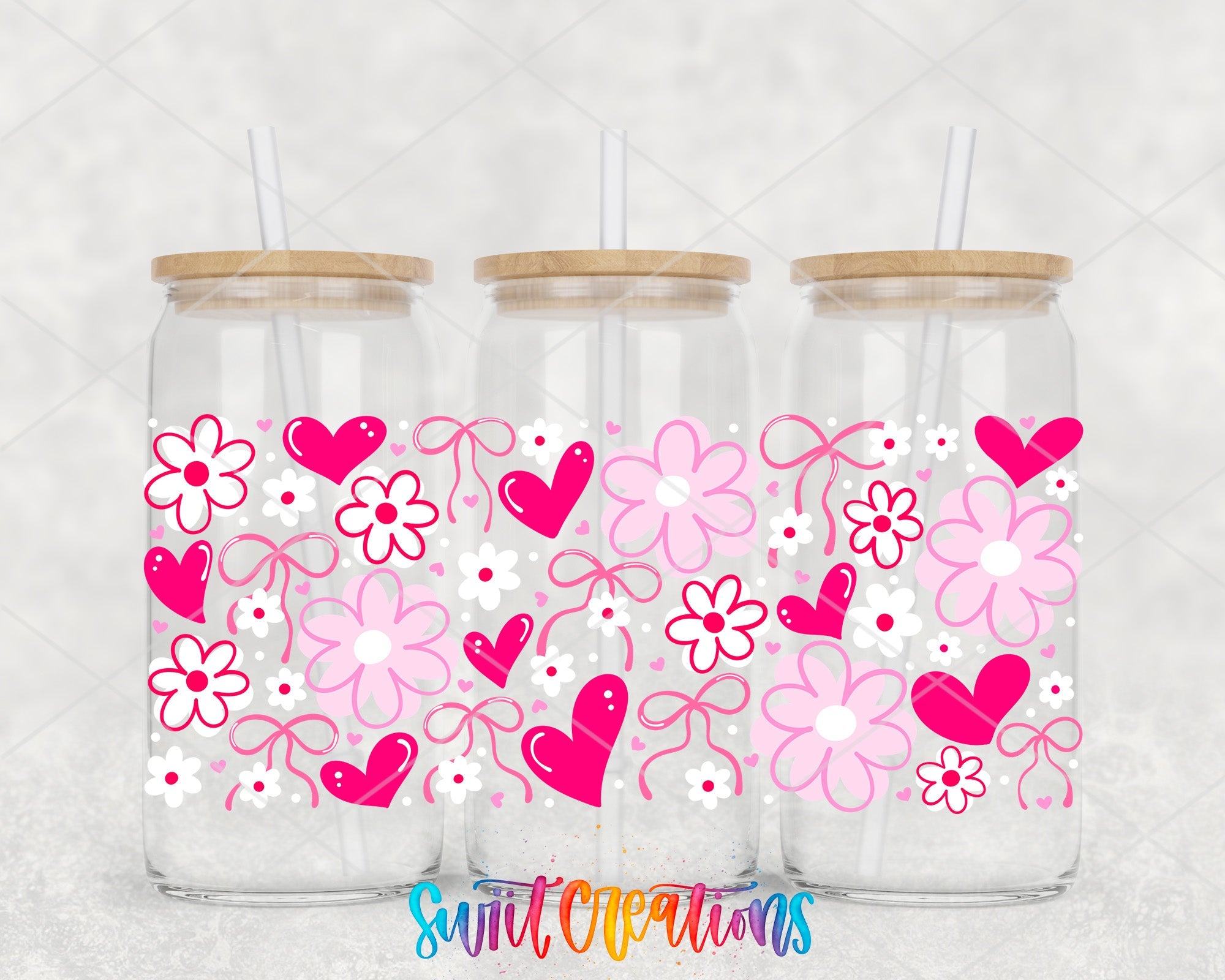 Pink Valentine Floral Hearts and Bows UV DTF Transfer Tumbler Wrap | DTF324 - Swiit Creations