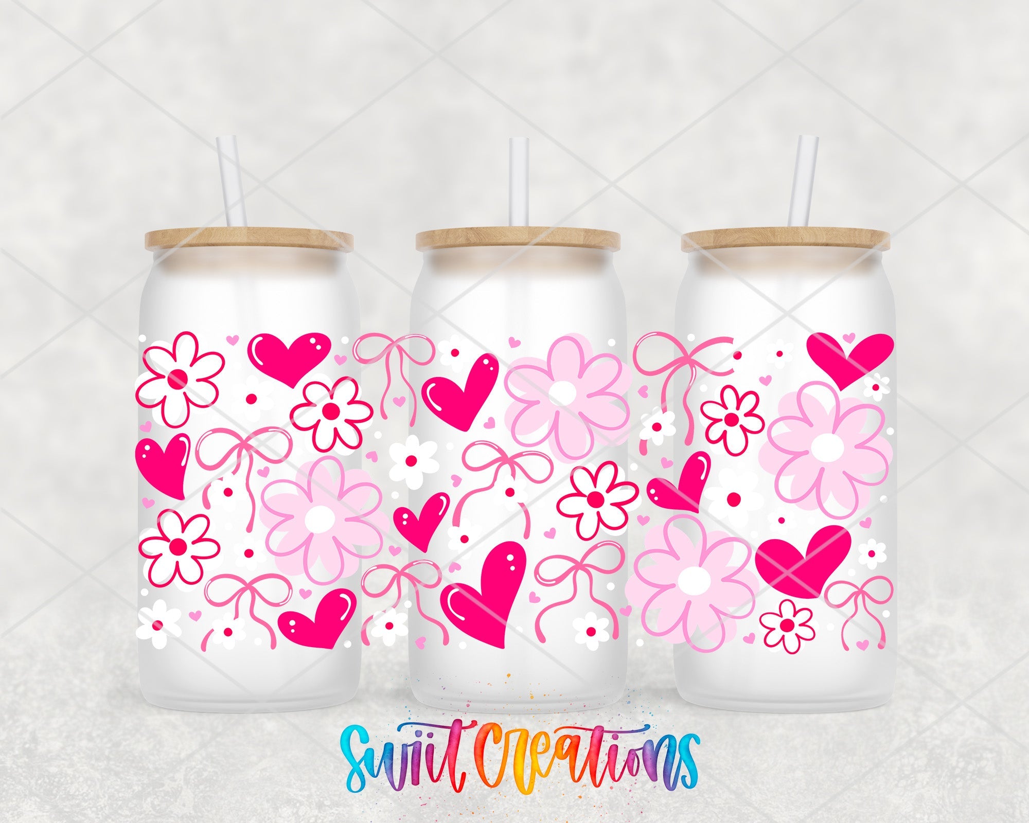 Pink Valentine Floral Hearts and Bows UV DTF Transfer Tumbler Wrap | DTF324 - Swiit Creations