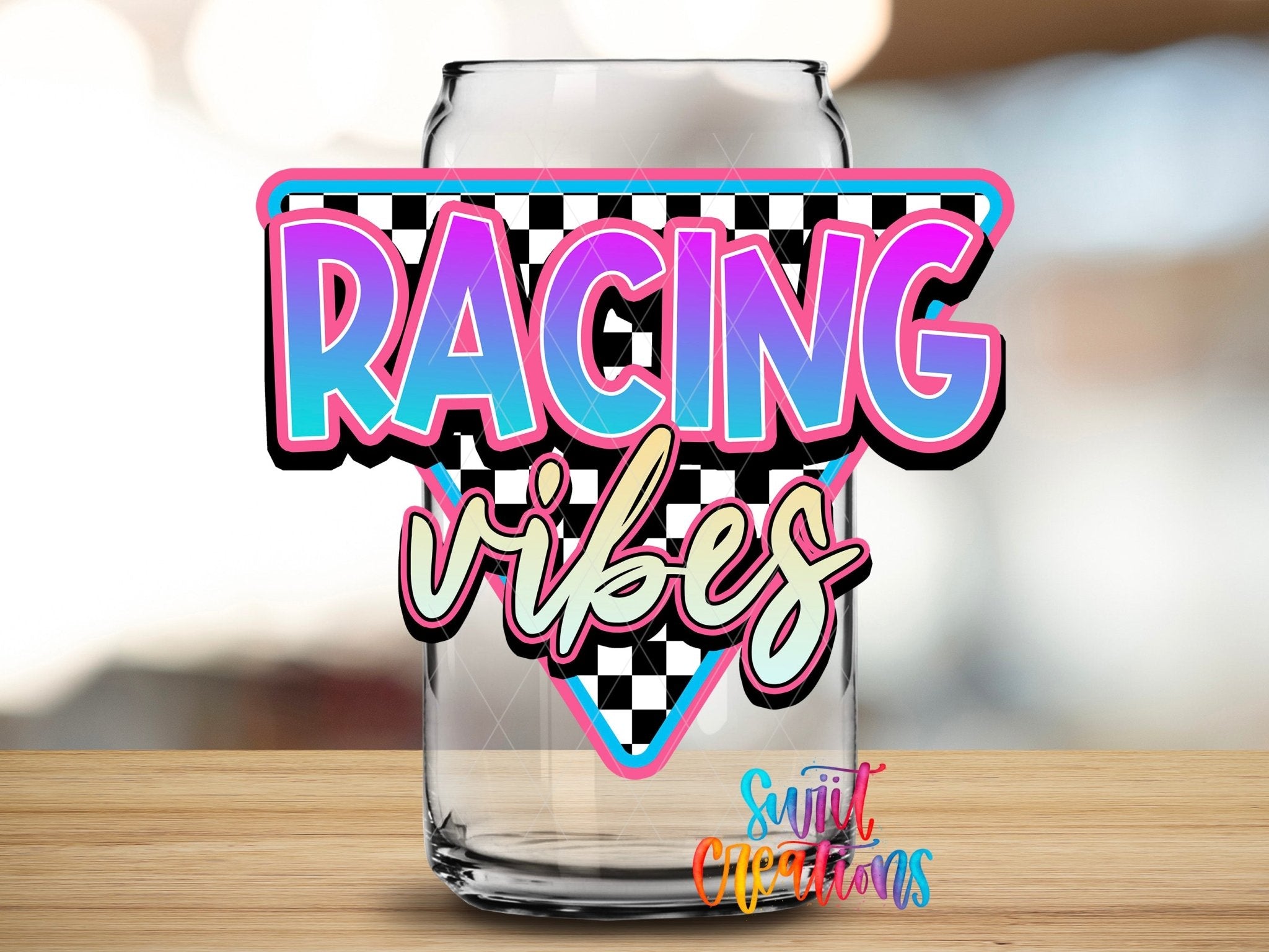 Swiit Creations Racing Vibes retro neon race car and checkered flags UV DTF transfer shown on a clear glass can