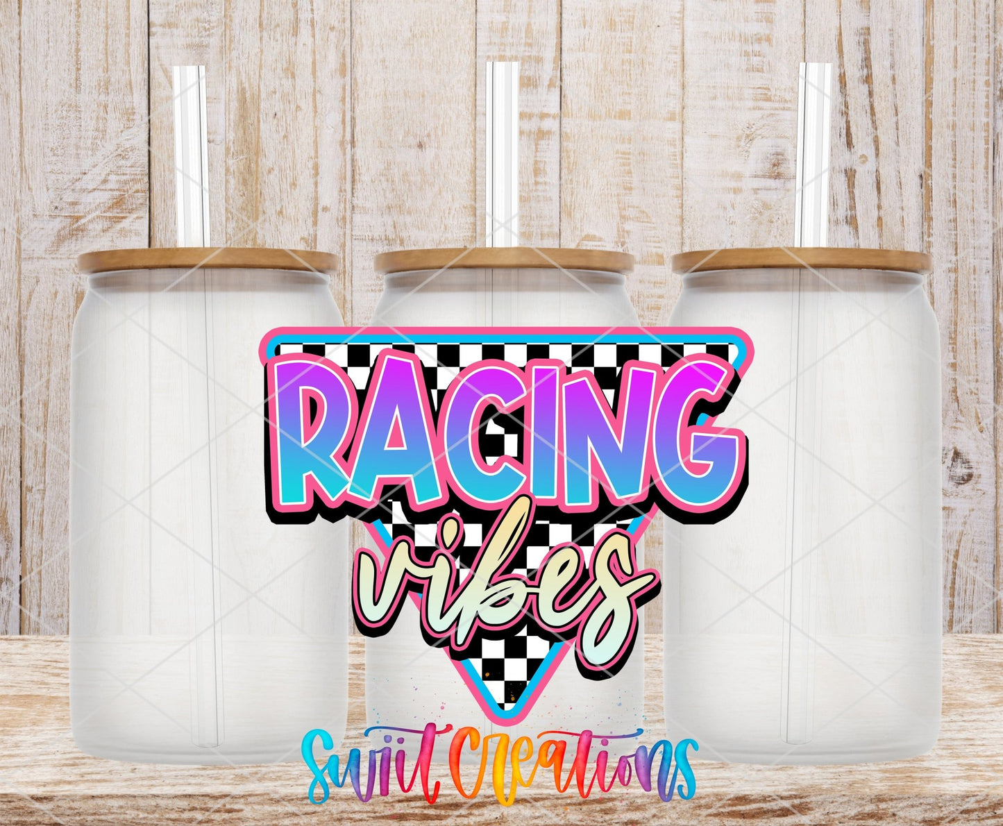 Three clear glass cans with the Racing Vibes UV DTF transfer by Swiit Creations