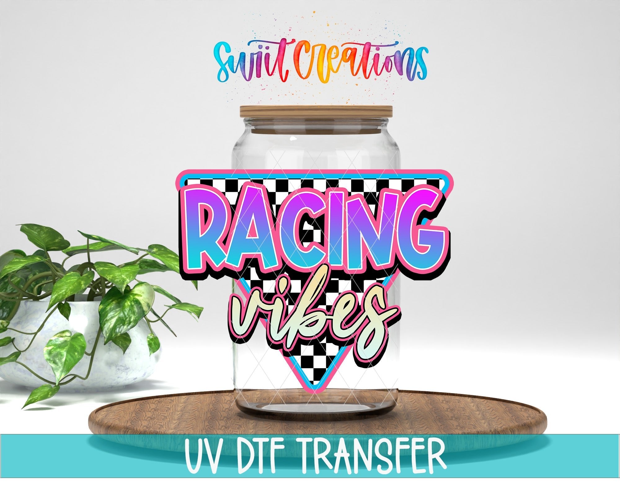 Swiit Creations Racing Vibes UV DTF transfer displayed on a clear glass jar mockup