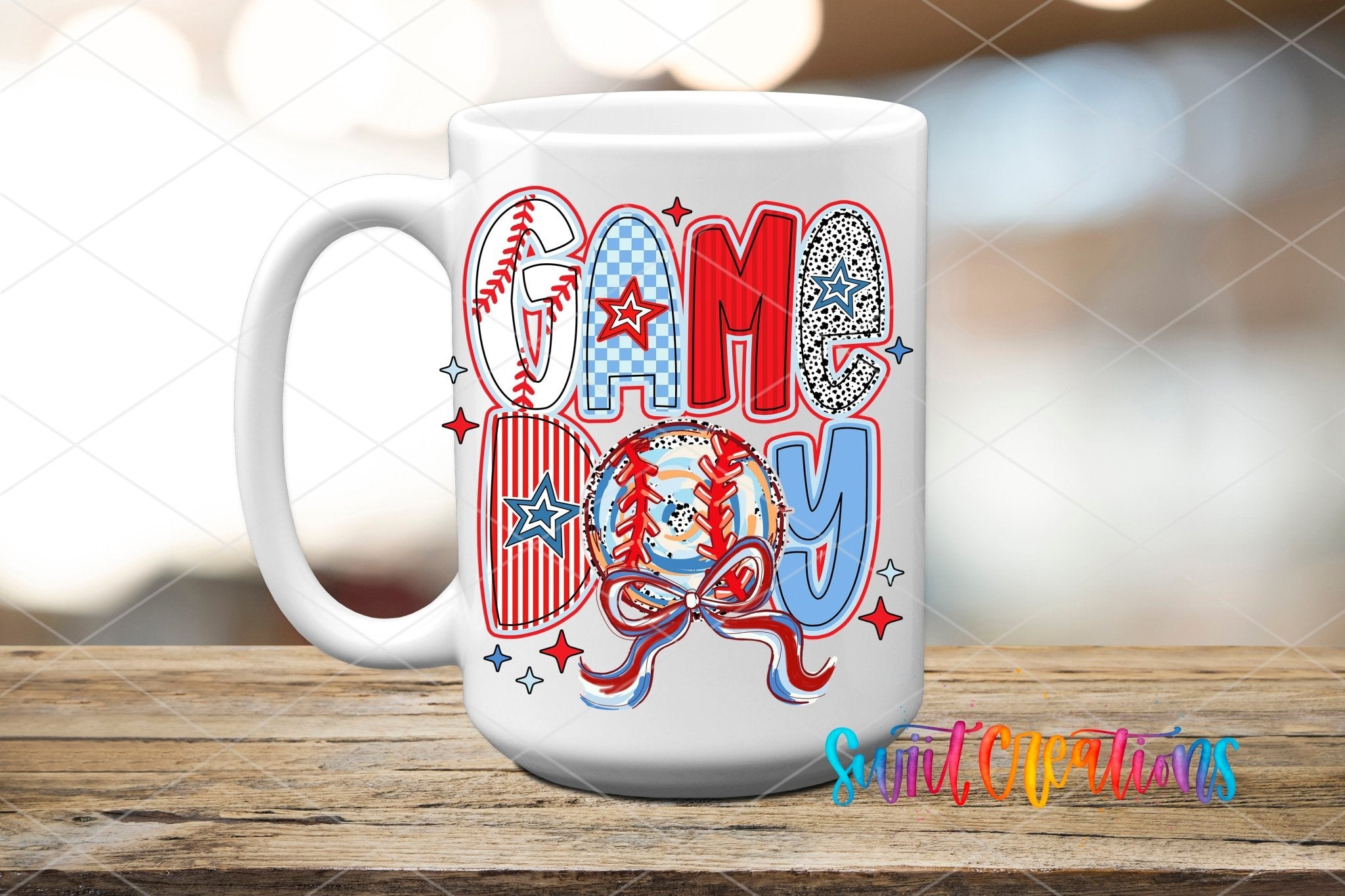 Red White and Blue Game Day Baseball UV DTF transfer displayed on a white ceramic mug from Swiit Creations