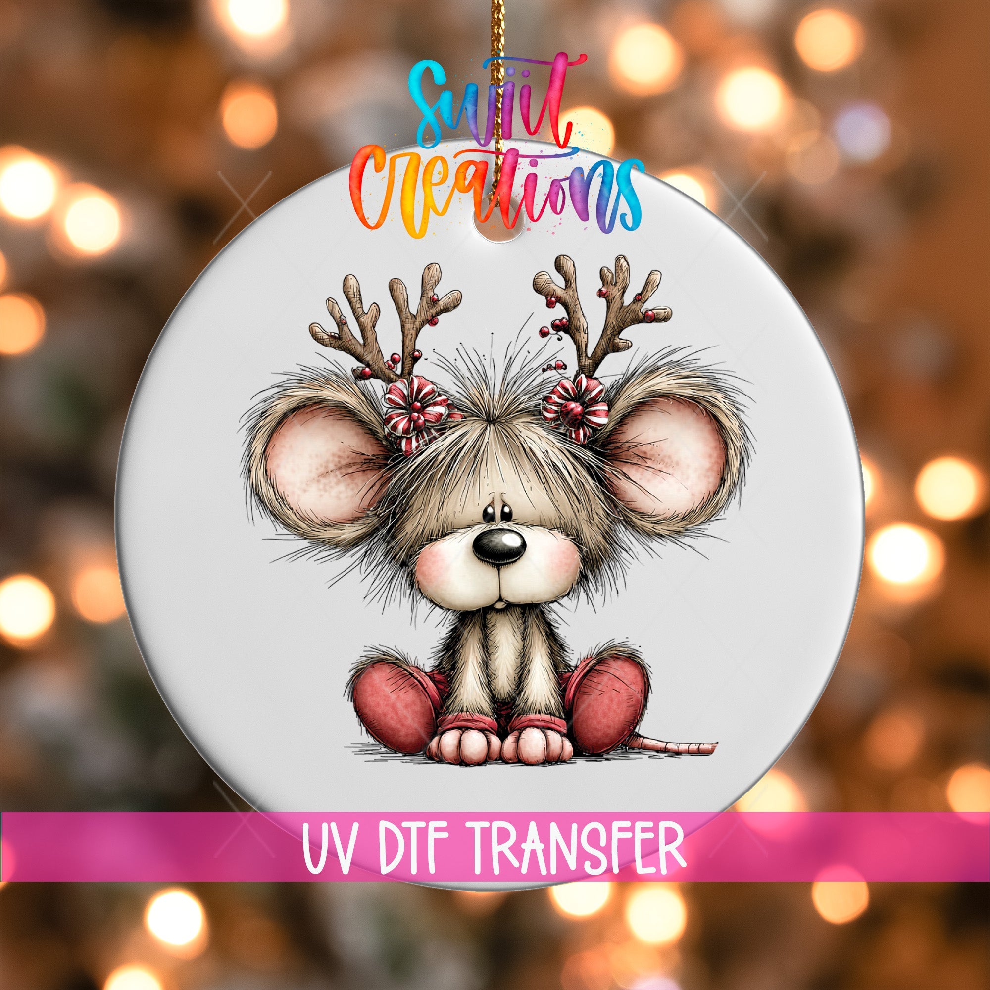 Reindeer Mouse Ornament UV DTF Transfer | Peppermint Christmas Mouse with Branch Antlers | O-2161 - Swiit Creations