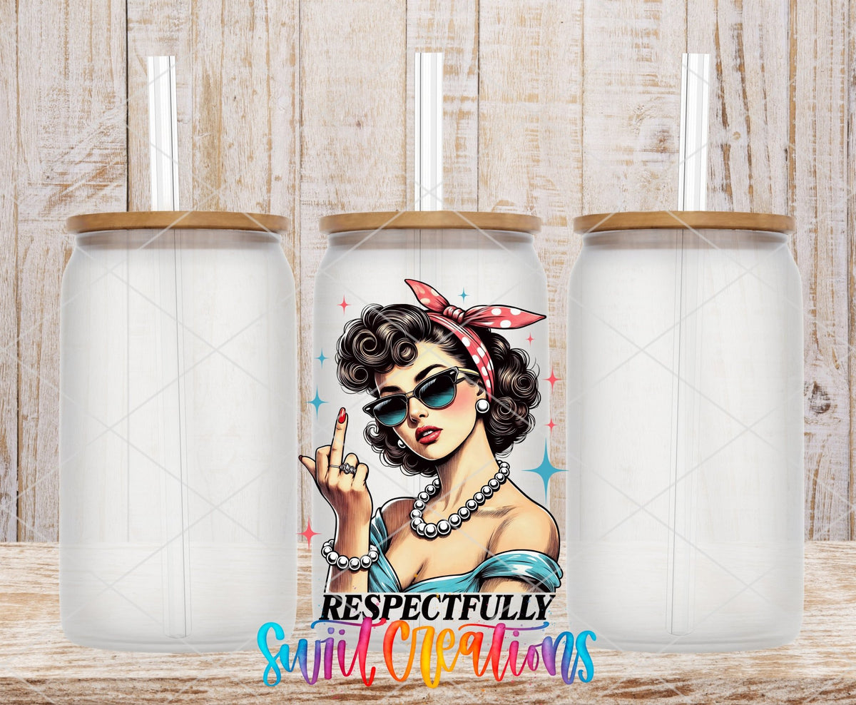 Respectfully retro pin up in pearls UV DTF transfer on frosted glass cans with bamboo lids