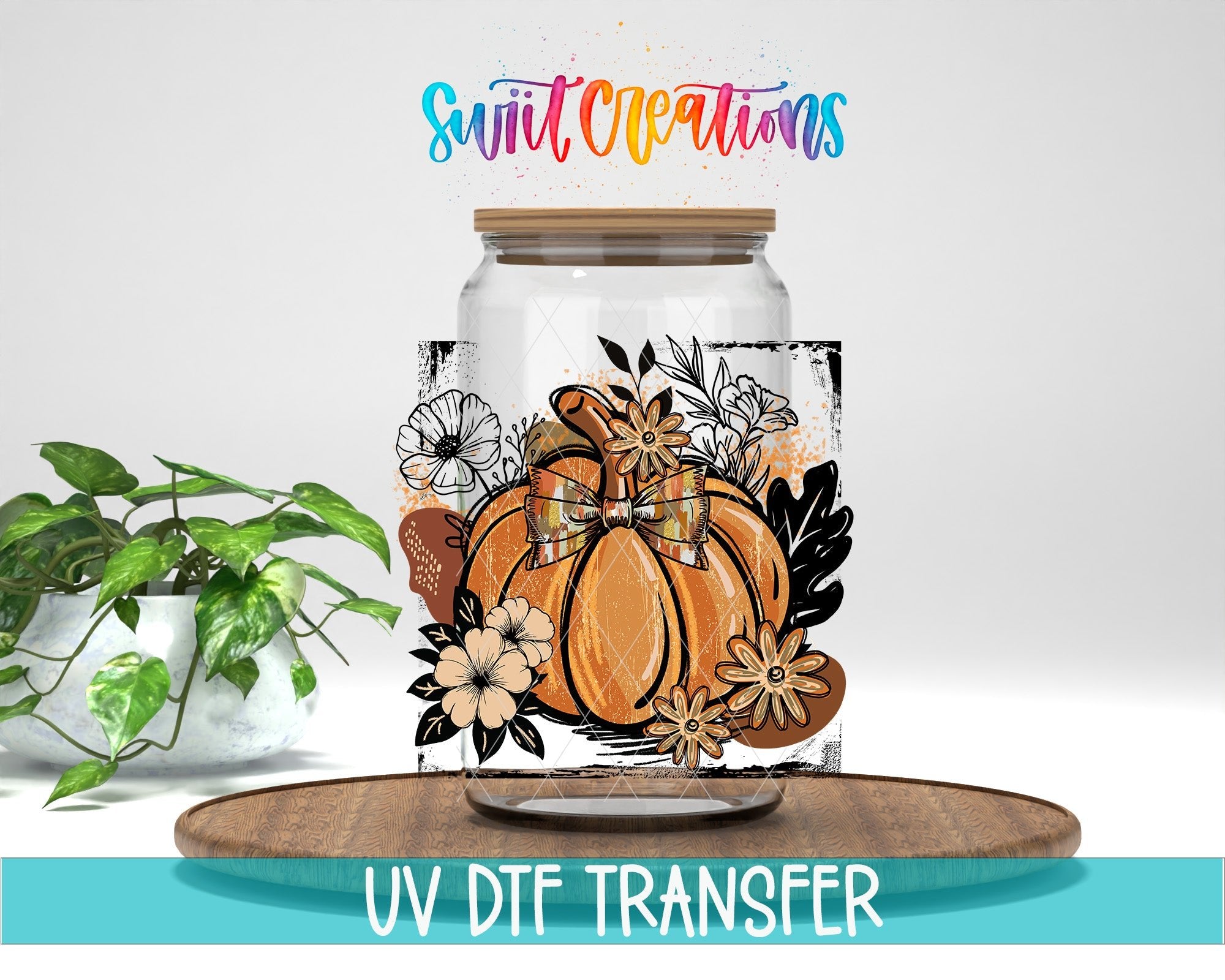 Retro Boho Pumpkin UV DTF transfer displayed on a clear jar mockup from Swiit Creations
