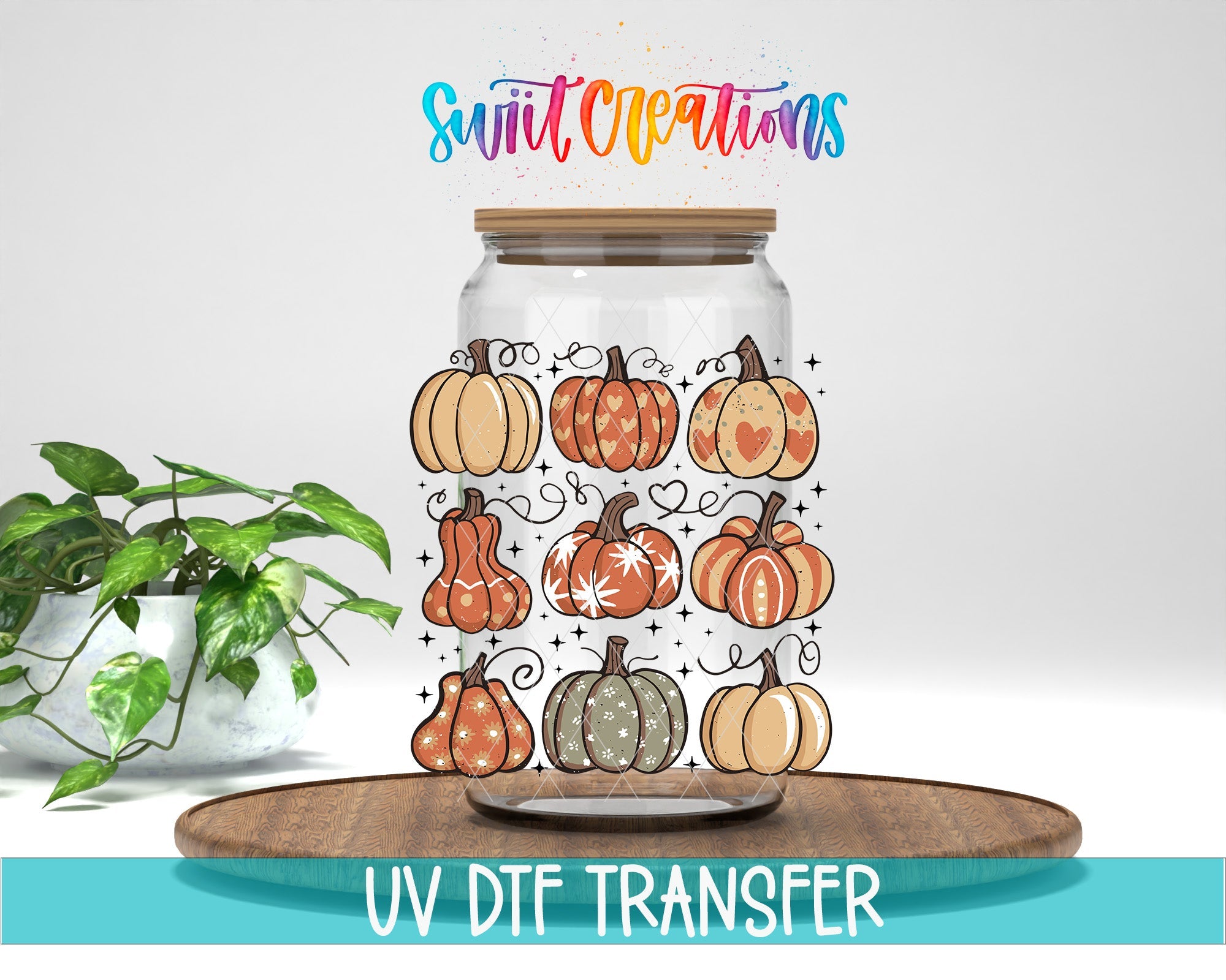Retro Pumpkin UV DTF transfer displayed on a clear jar mockup from Swiit Creations