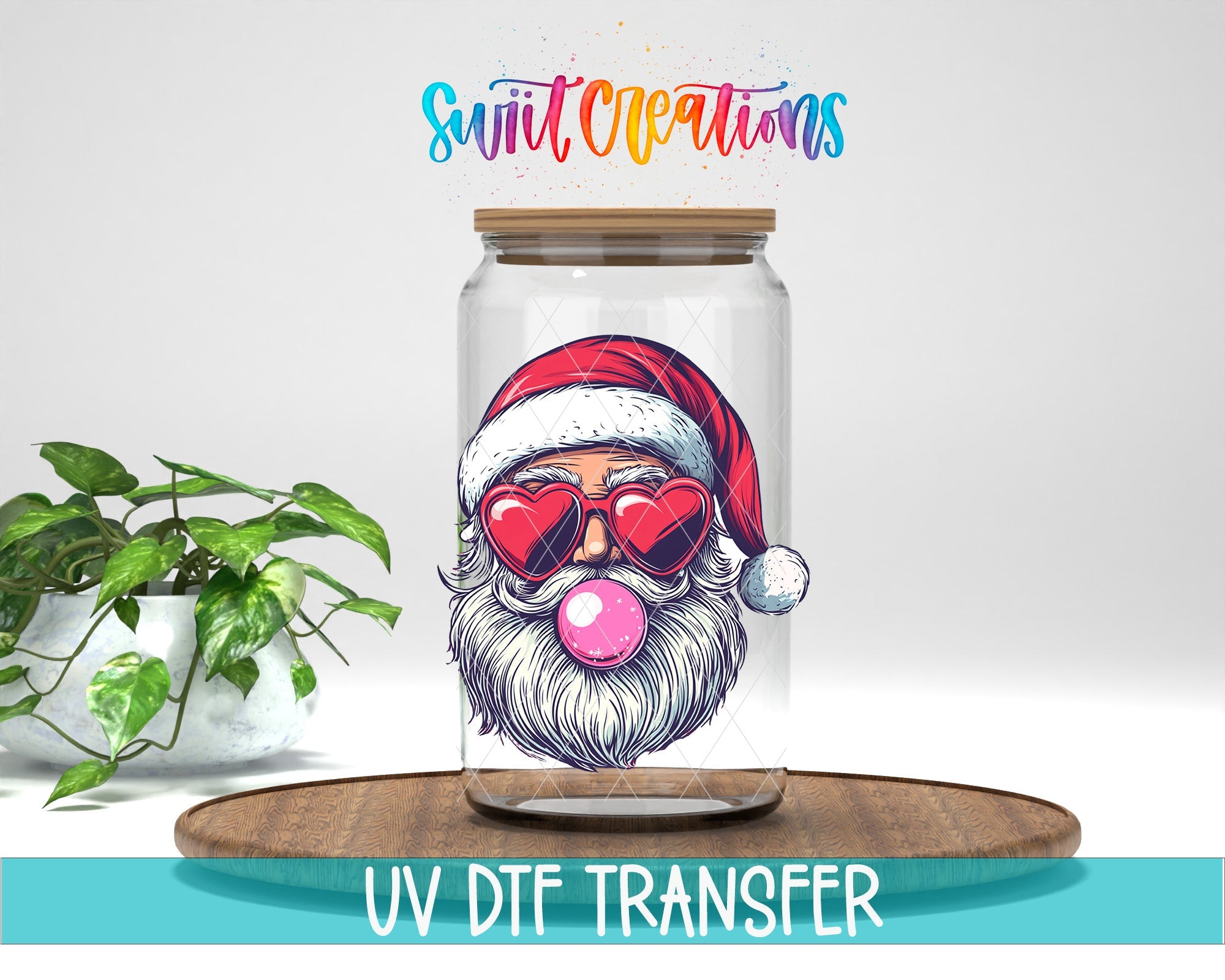 Swiit Creations UV DTF Retro Santa Heart Sunglasses Bubble Gum transfer displayed on a clear jar mockup