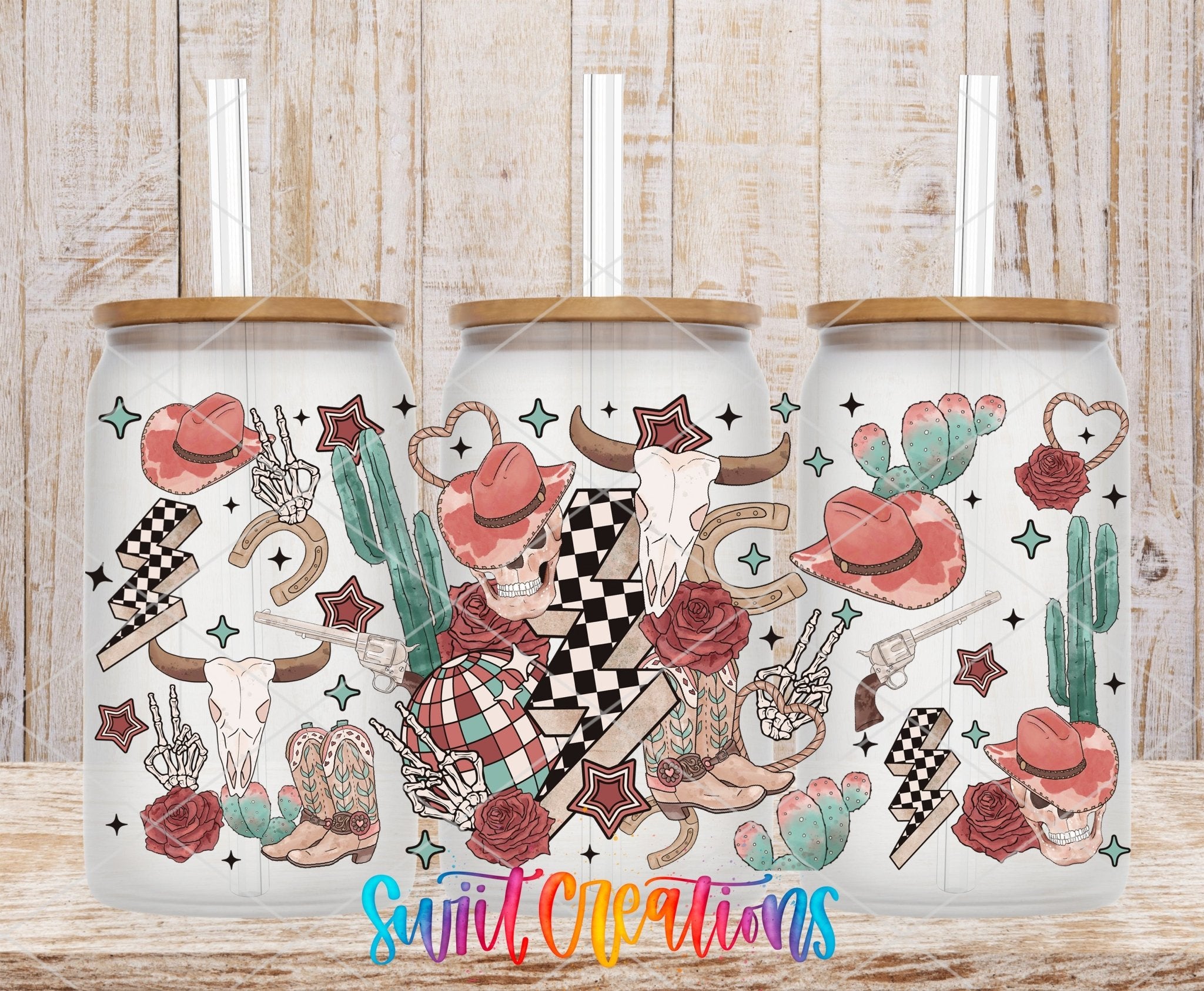 Retro Western Cowgirl with Skull and Cactus UV DTF Transfer Tumbler Wrap | DTF306 - Swiit Creations