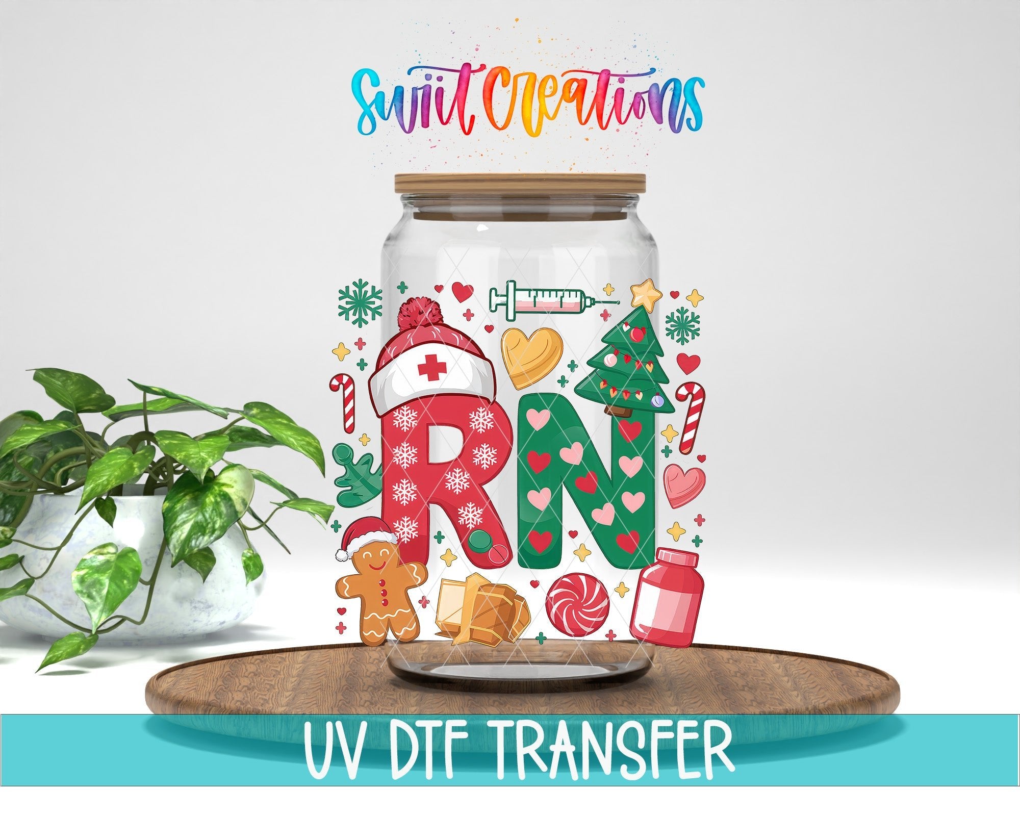 Swiit Creations UV DTF RN Christmas Nurse transfer displayed on a clear jar mockup